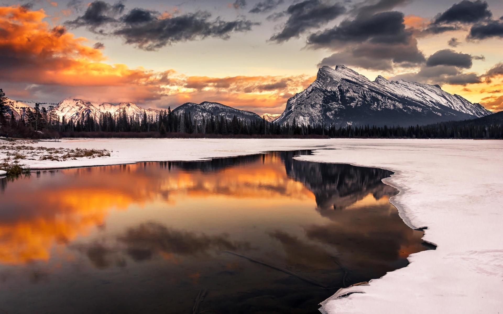 Wallpaper Winter, snow, sunset, mountain, lake, reflection