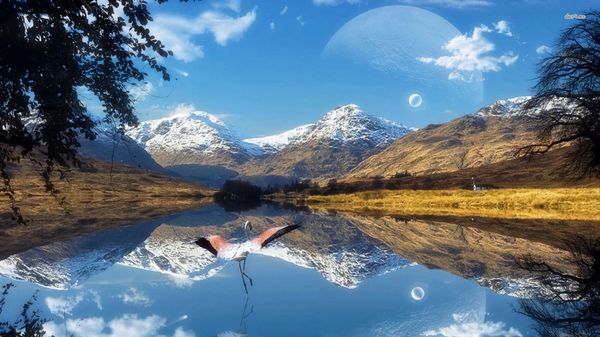 Moon reflection in the mountain lake wallpaper