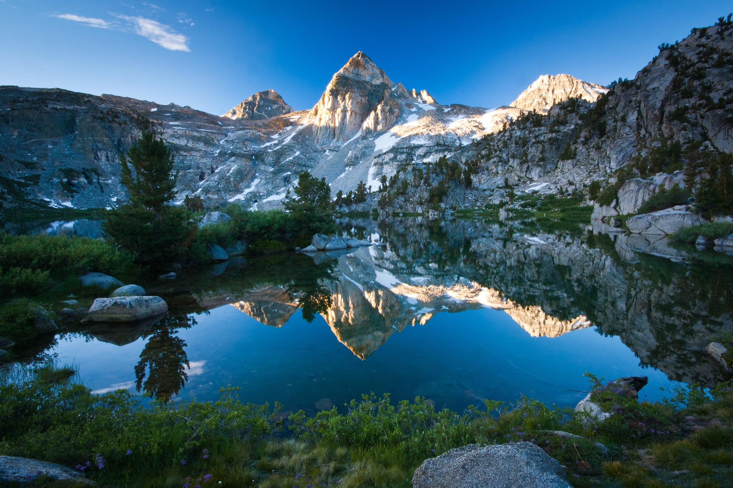 Lake and gray mountain ranges, mountains, lake, reflection