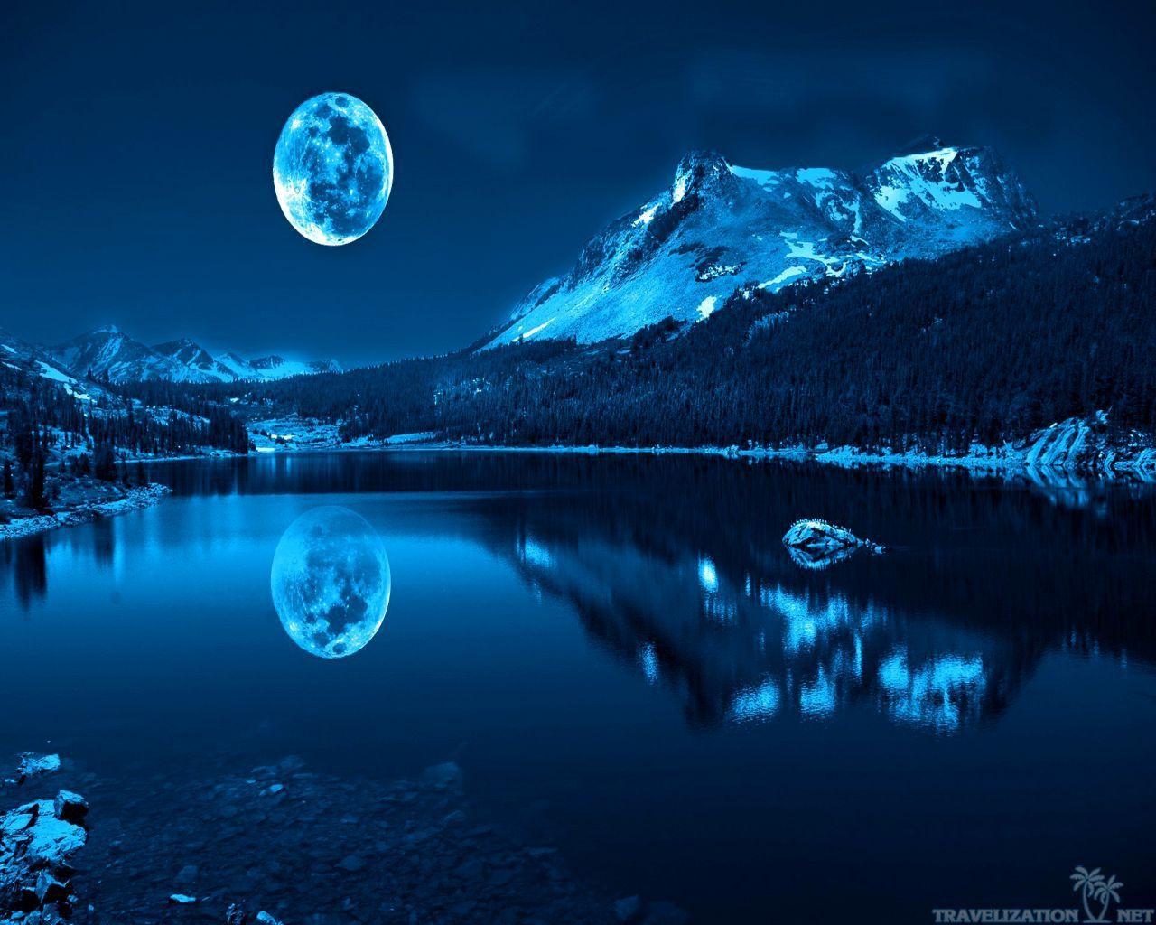 Moonlight Mountain Lake Wallpaper at