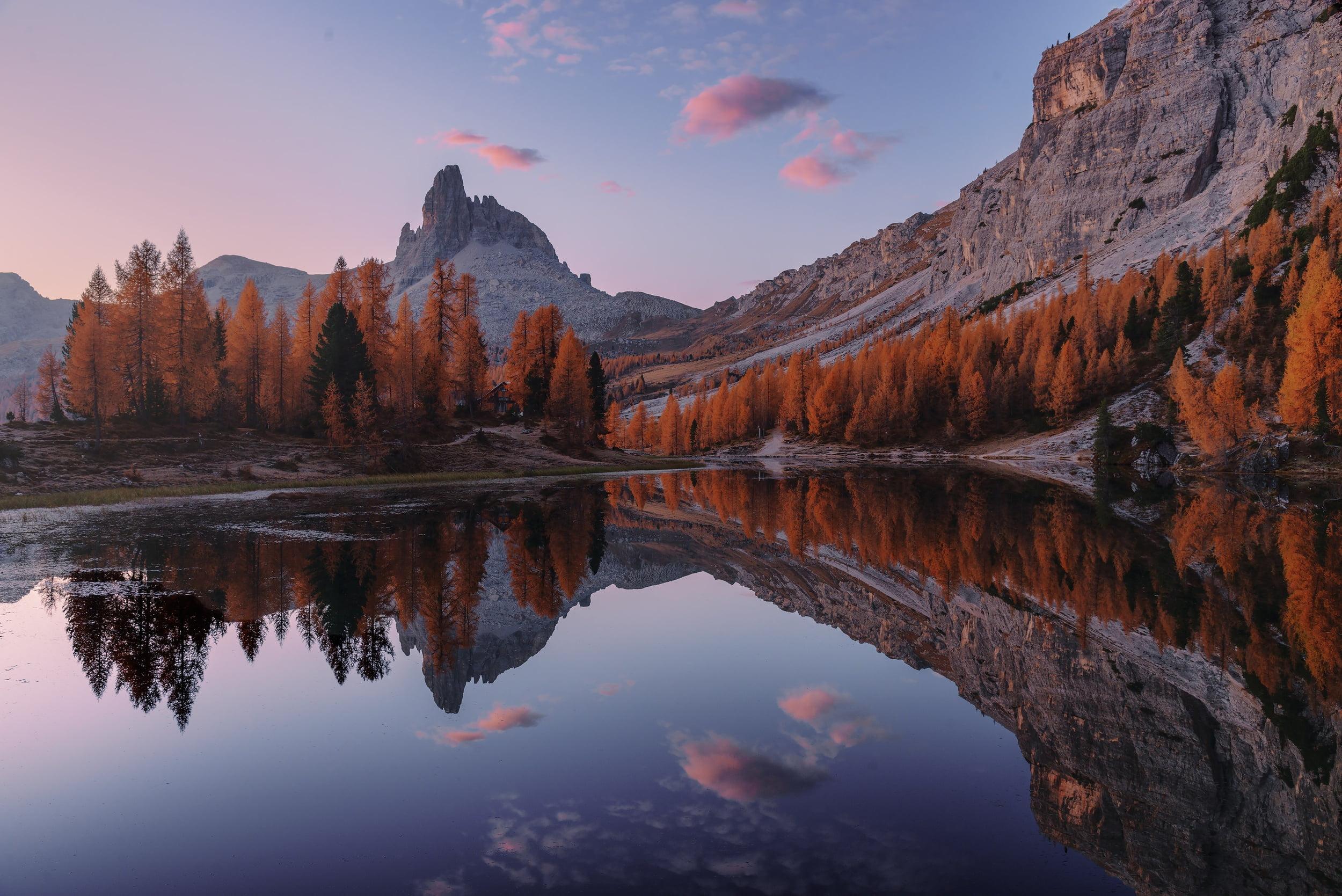 Brown mountain, lake, mountains, trees, reflection HD