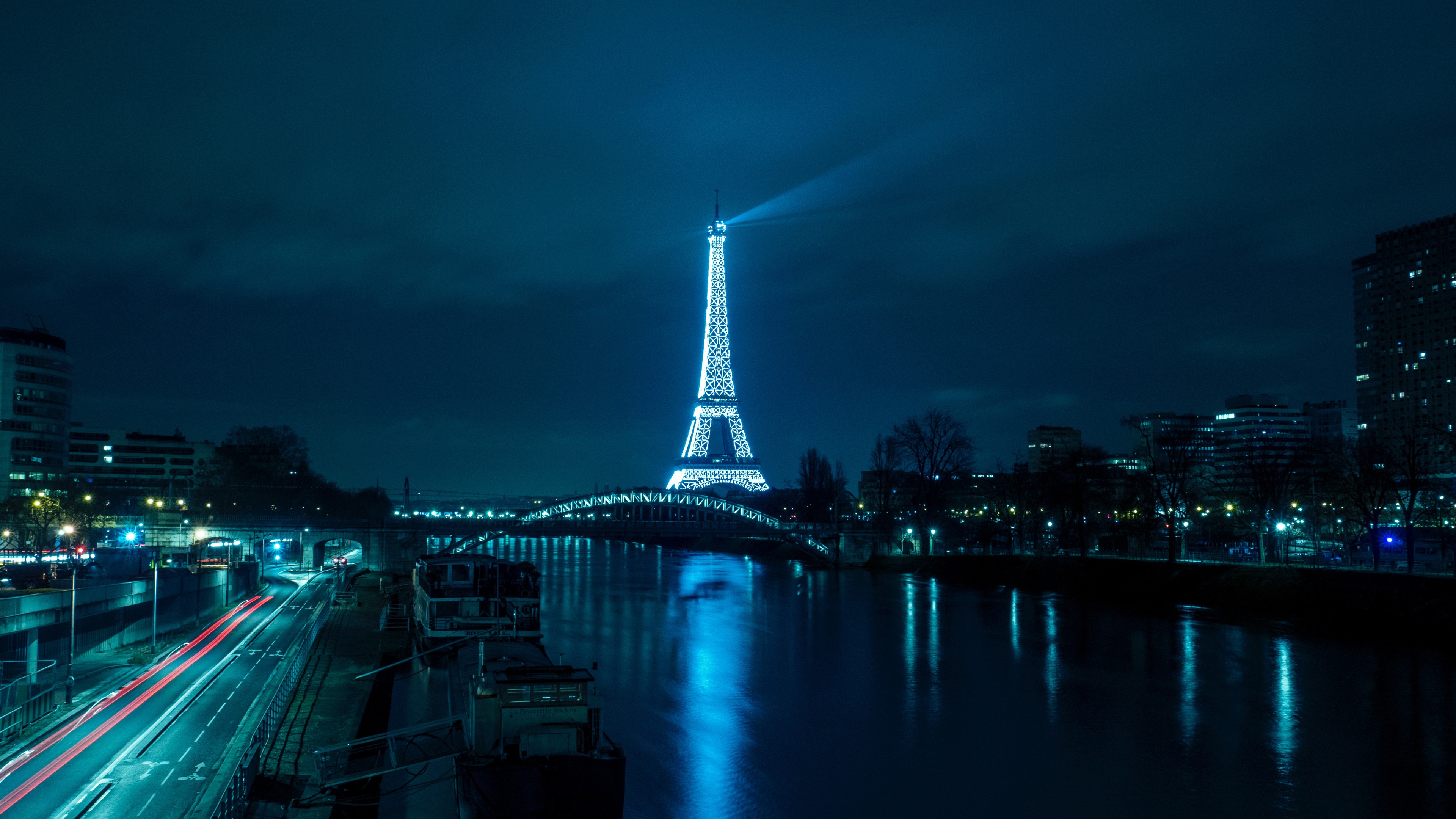 Wallpaper Eiffel Tower, river, bridge, road, illumination