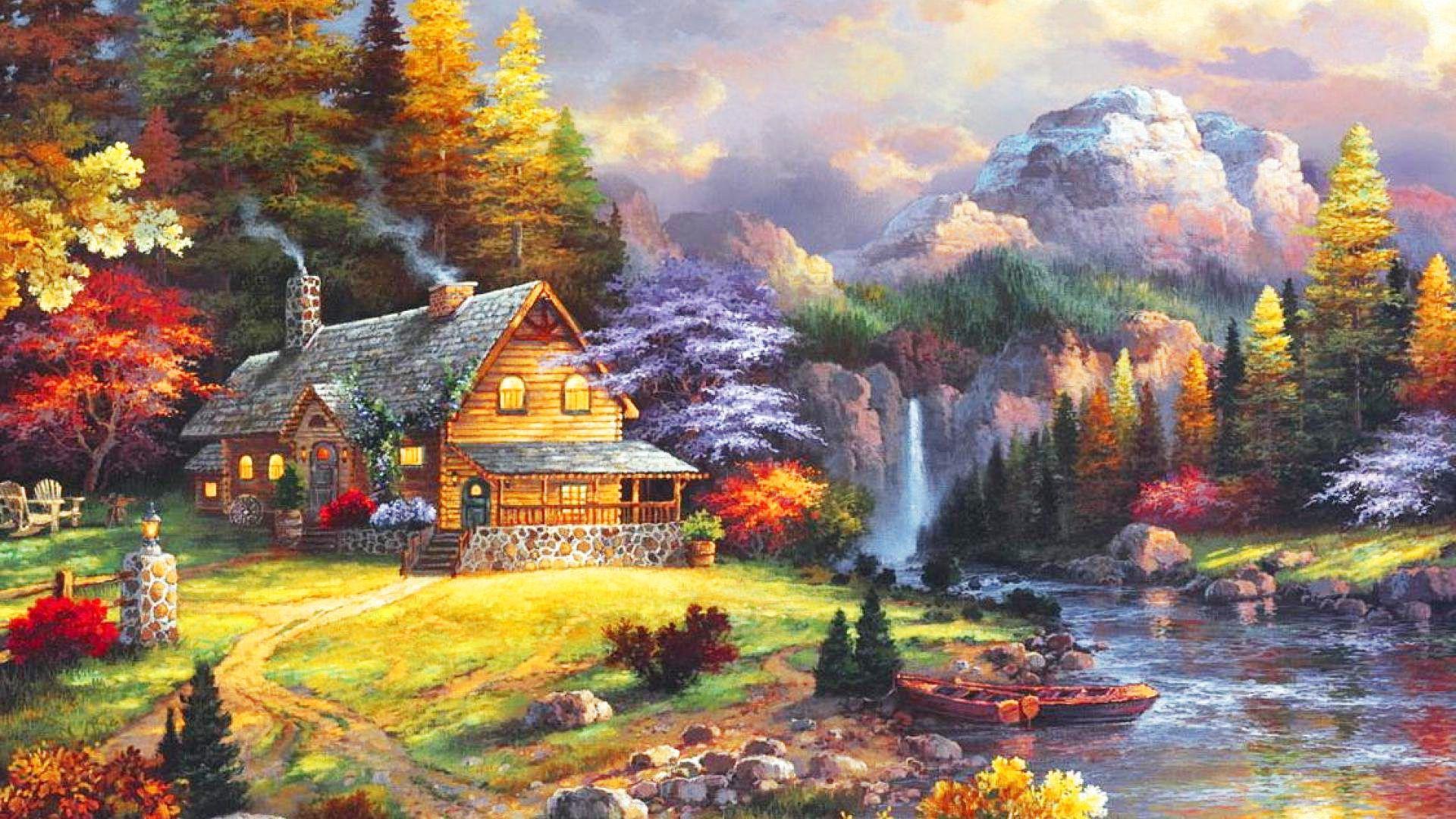 Beautiful Garden Waterfall River Cottage Wallpaper