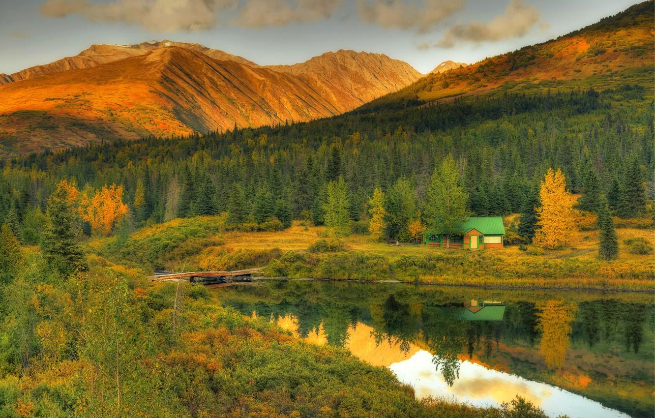 Wallpaper forest, sunset, mountains, lake, HDR, USA, Alaska