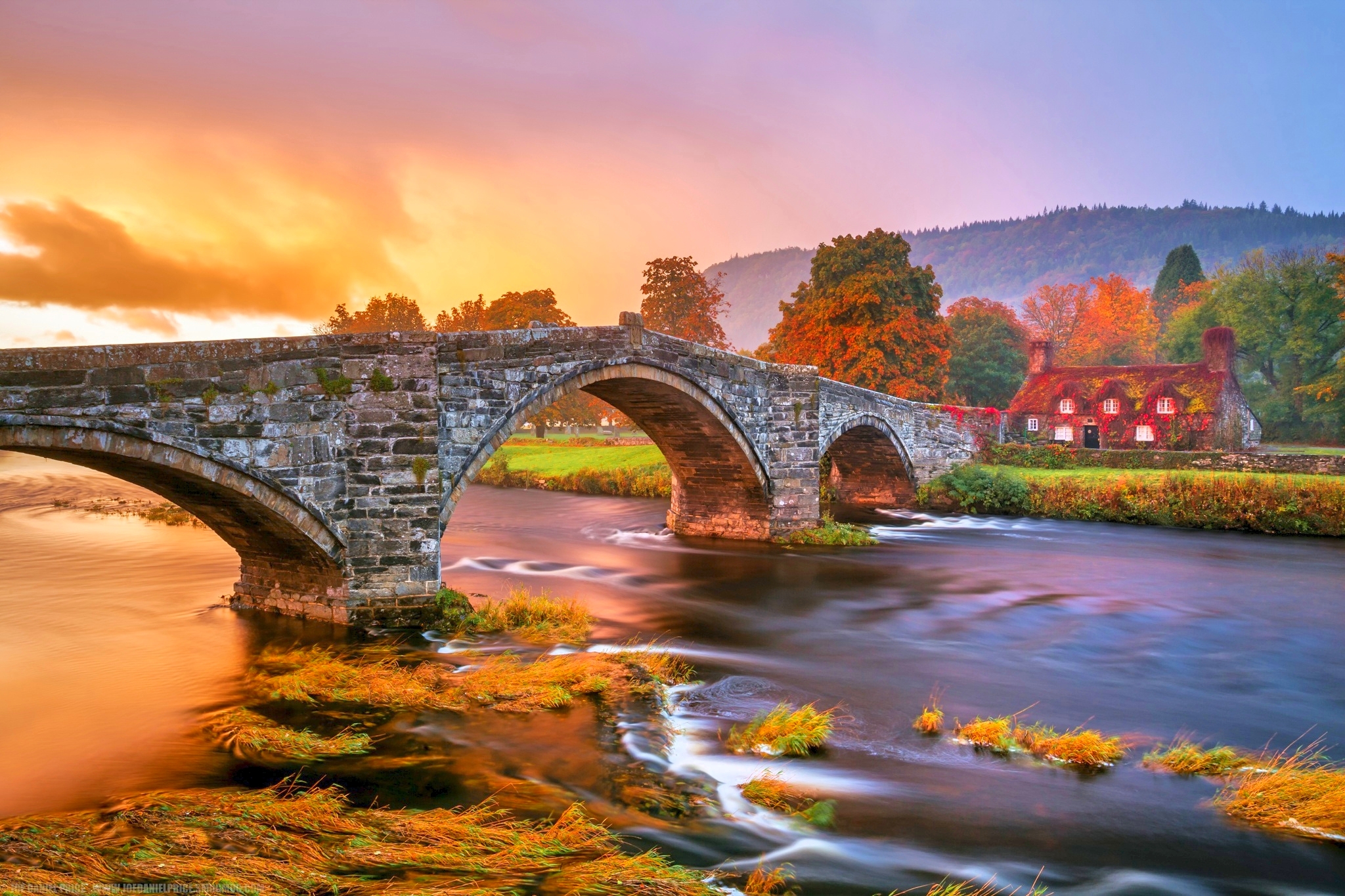 bridge, grass, countryside, hill, autumn, Wales, cottage, sunrise, river, lovely, trees, beautiul wallpaper