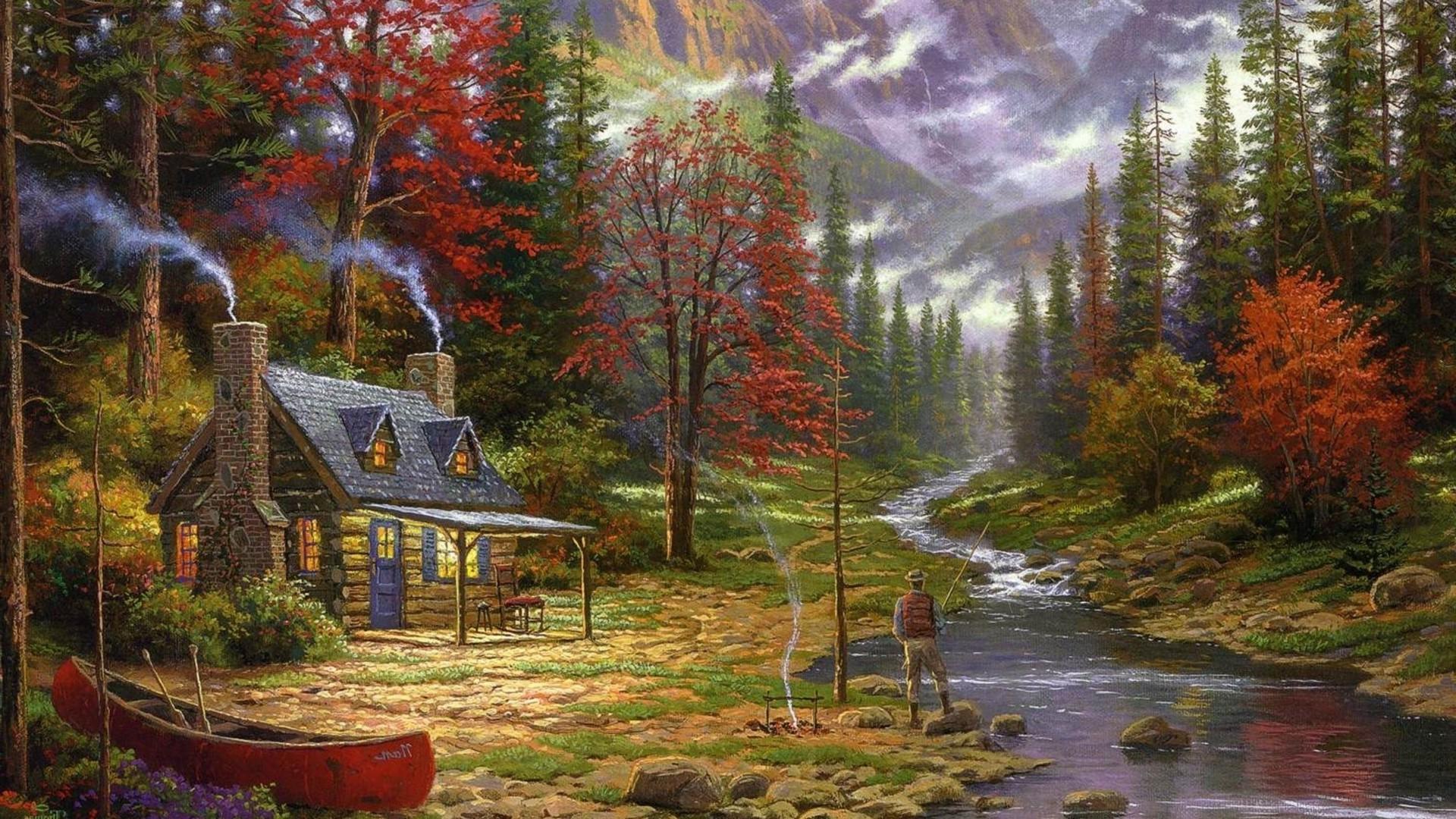 painting, Cottage, Canoes, River, Fishing, Forest, Chimneys
