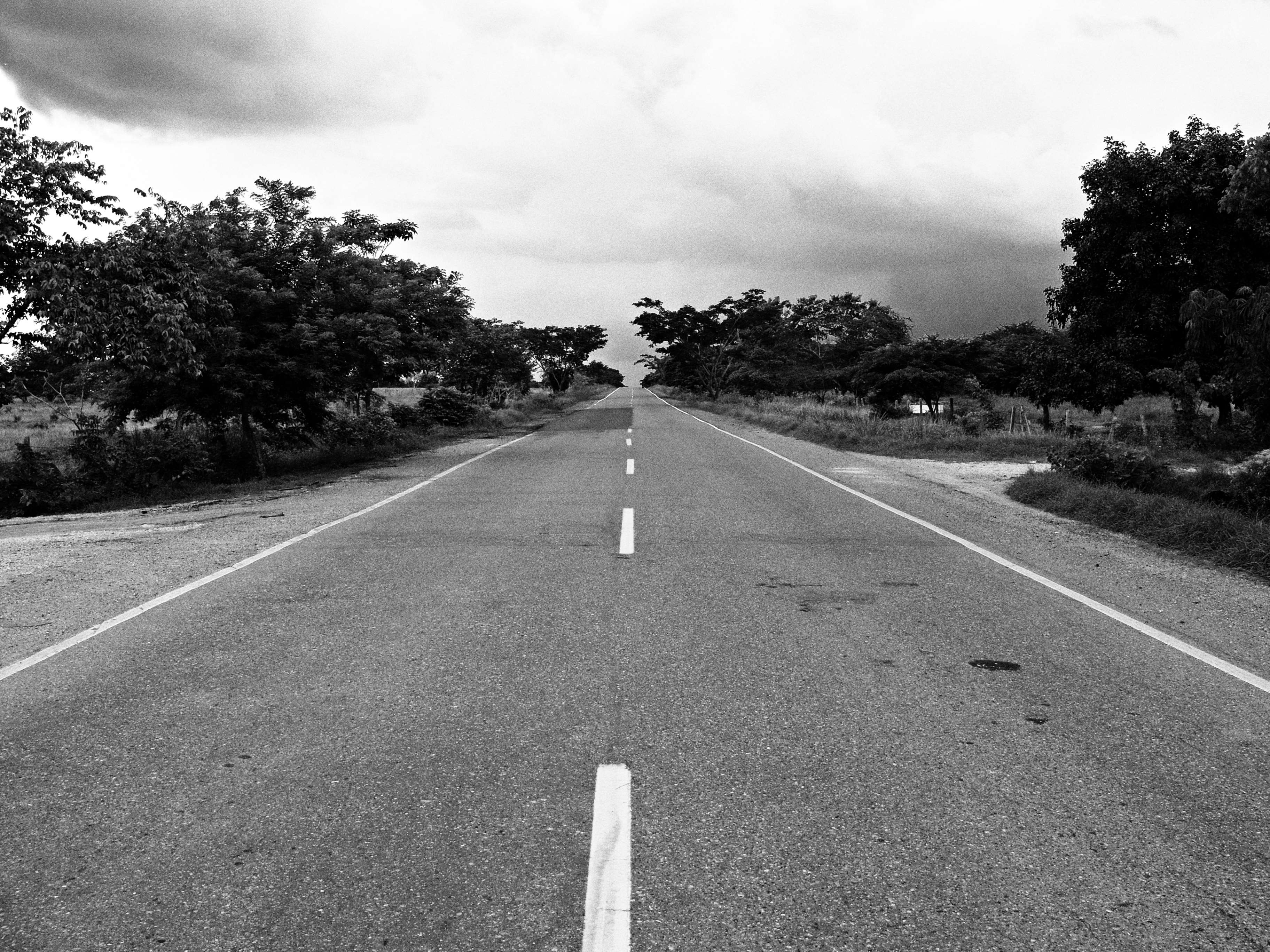 black and white, cloudy, direction, road, roadtrip