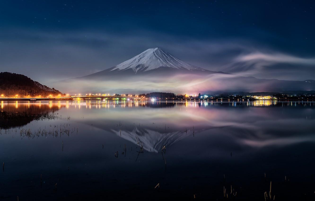 Wallpaper water, night, reflection, Japan, Fuji, mount Fuji