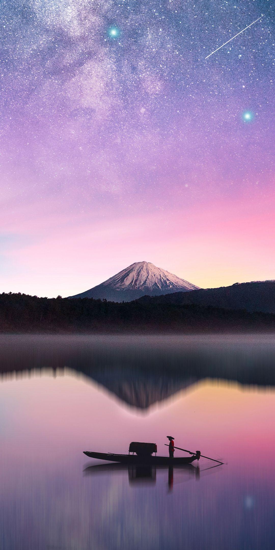 Milky way, mount Fuji, reflections, sunset, lake, 1080x2160