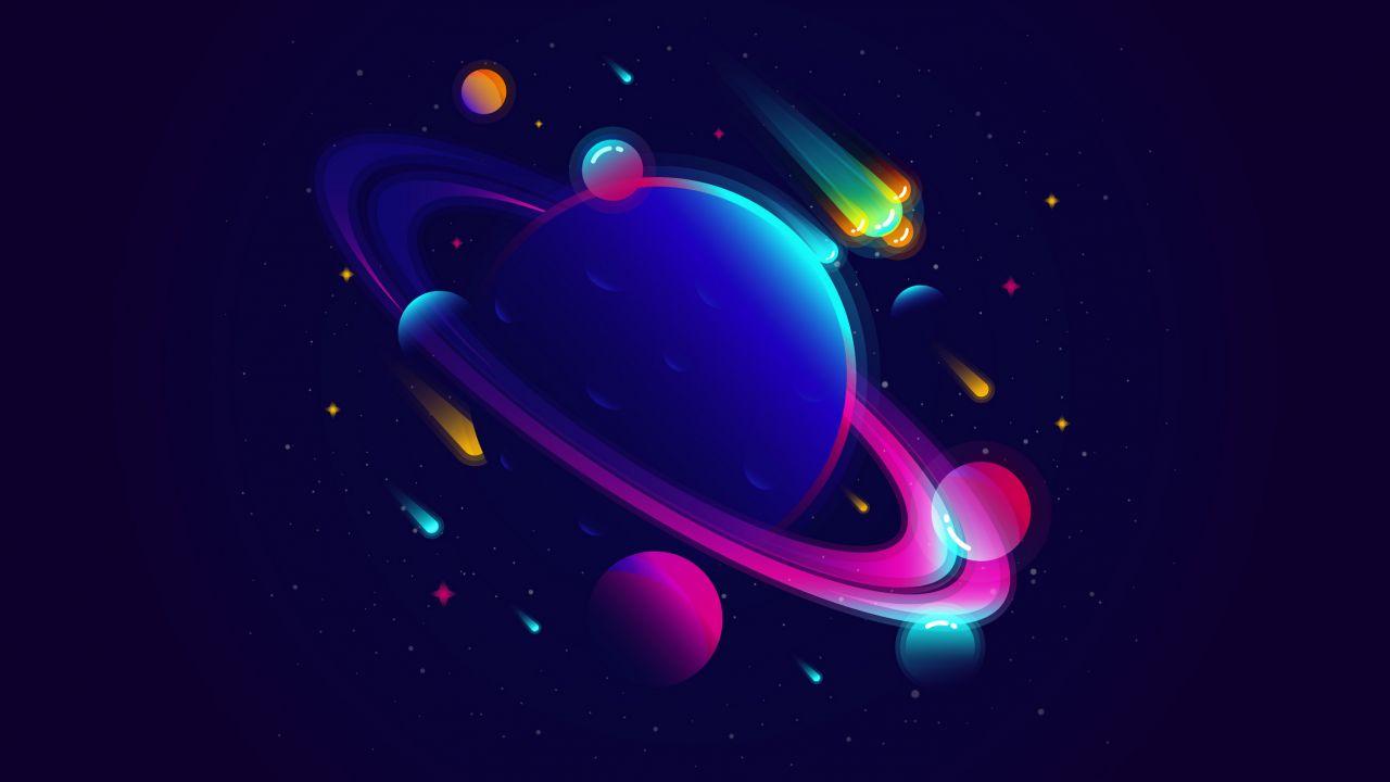 Wallpaper Solar system, Planets, Neon, Vibrant, Minimal, Saturn