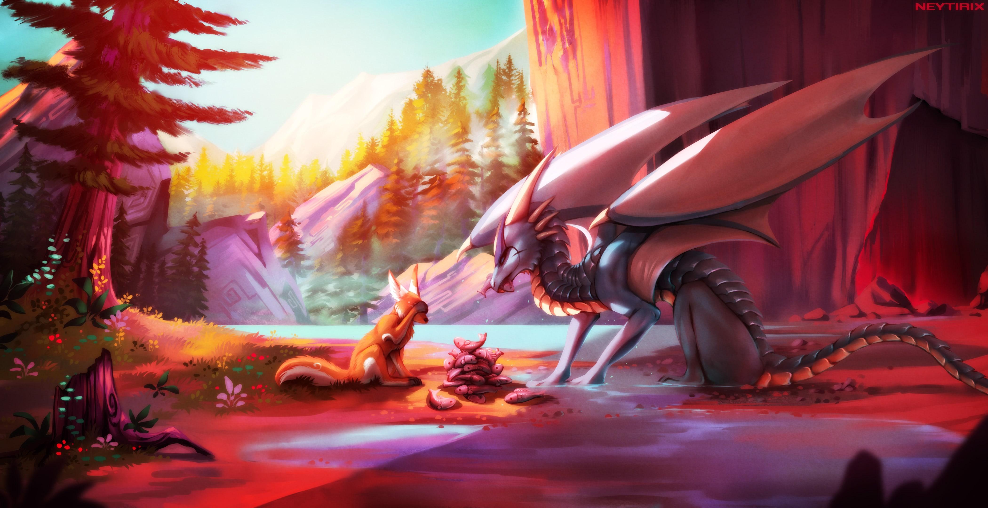 Dragon Wolf Fantasy Digital Painting Wallpaper and Free