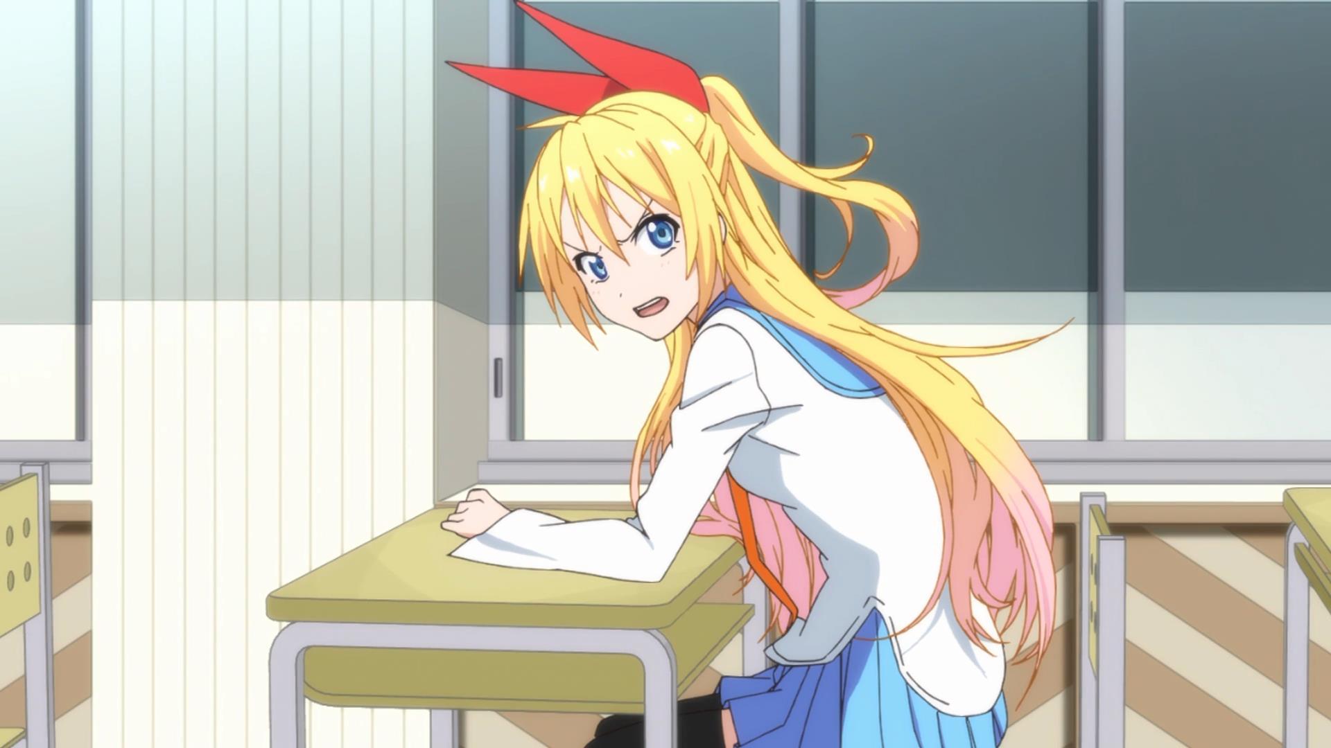 Kirisaki, Chitoge, desk, red, ribbon, bow, school uniform