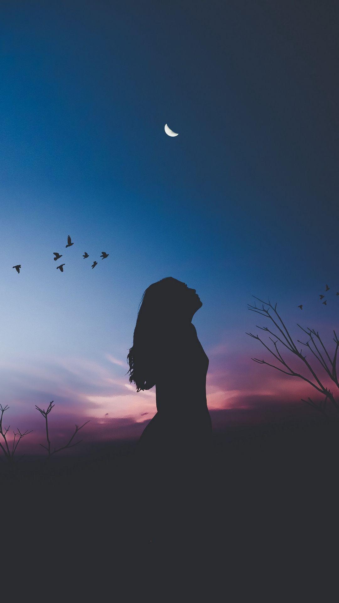 moon #silhouette #girl #dark #wallpaper #lockscreen #mobile