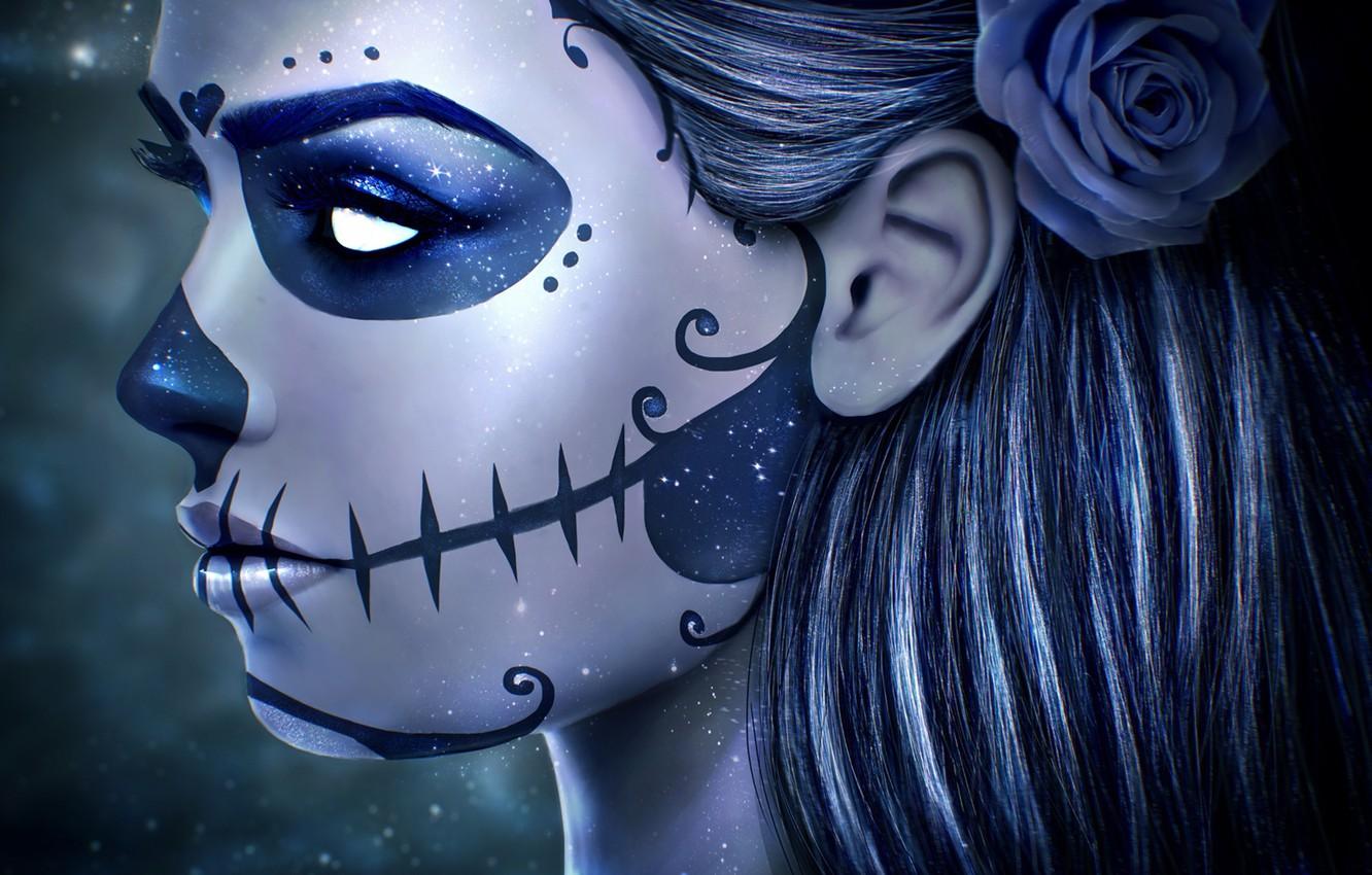 Wallpaper girl, face, rose, skull, makeup, art, day of the dead, sugar skull image for desktop, section арт