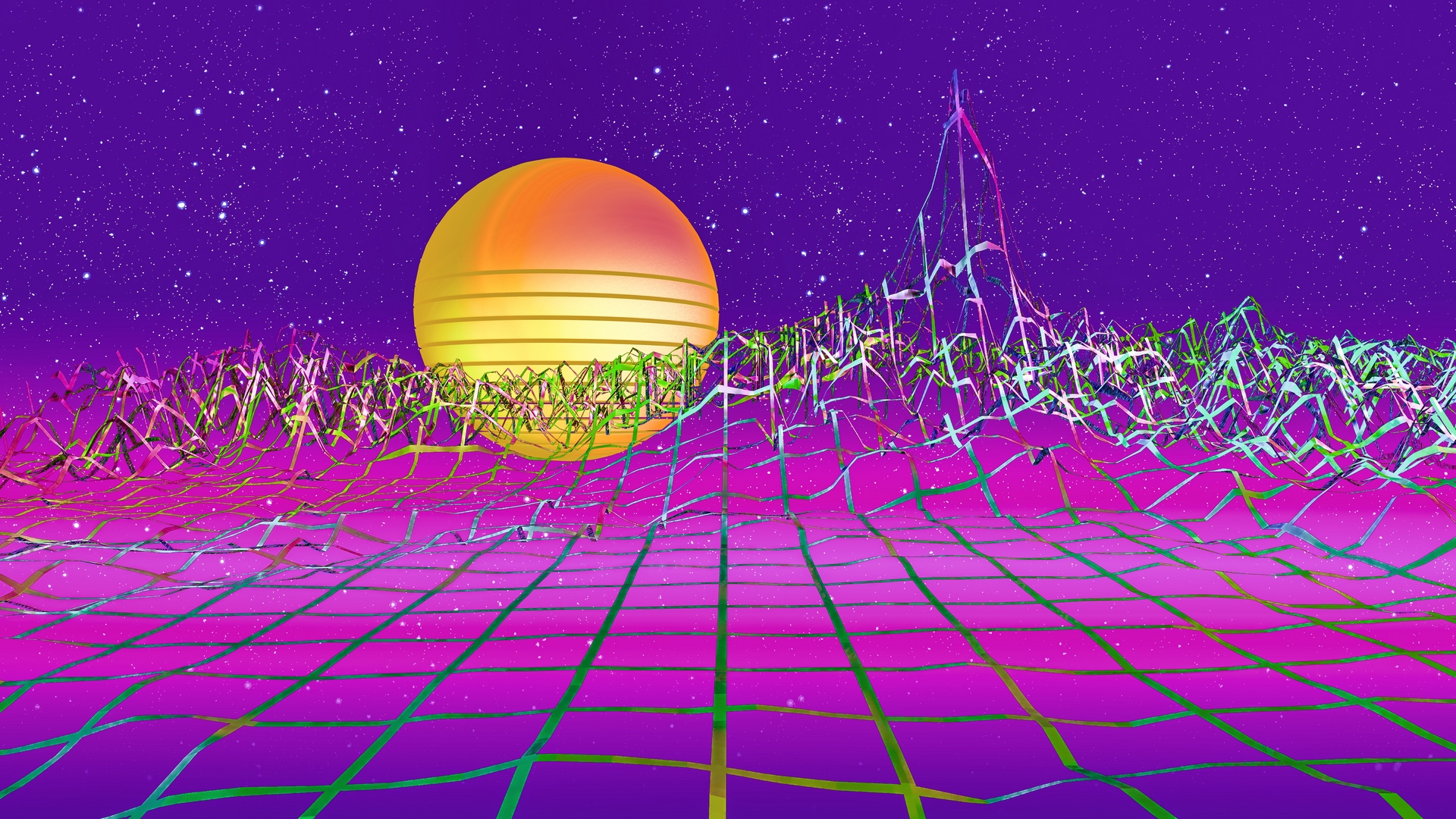 Download wallpaper 1920x1080 retrowave, art, retro, synthwave, sun, relief, grid full hd, hdtv, fhd, 1080p HD background