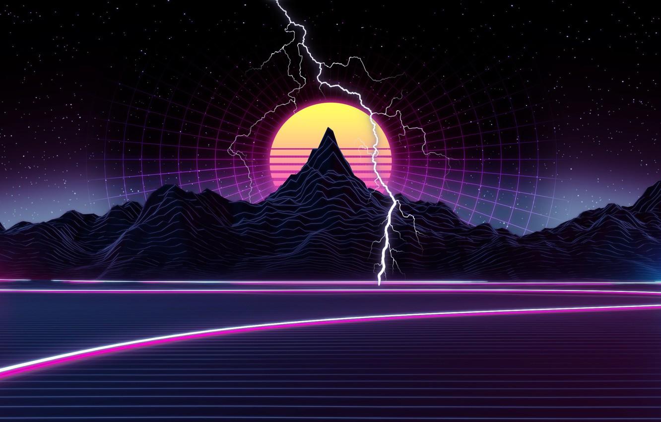 Wallpaper The sun, Mountains, Music, Stars, Lightning, Space, Background, Graphics, 80s, 80's, Synth, Retrowave, Synthwave, New Retro Wave, Futuresynth, Sintav image for desktop, section рендеринг