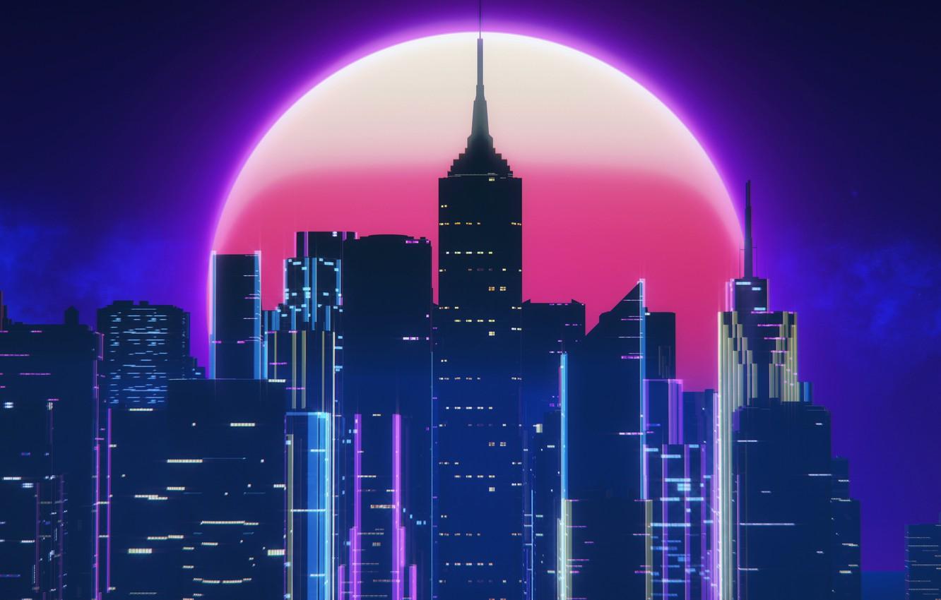 Wallpaper Night, Music, The city, The moon, Style, Neon, 80's, Synth, Retrowave, Synthwave, New Retro Wave, Futuresynth, Sintav, Retrouve, Outrun, SynthEx image for desktop, section рендеринг
