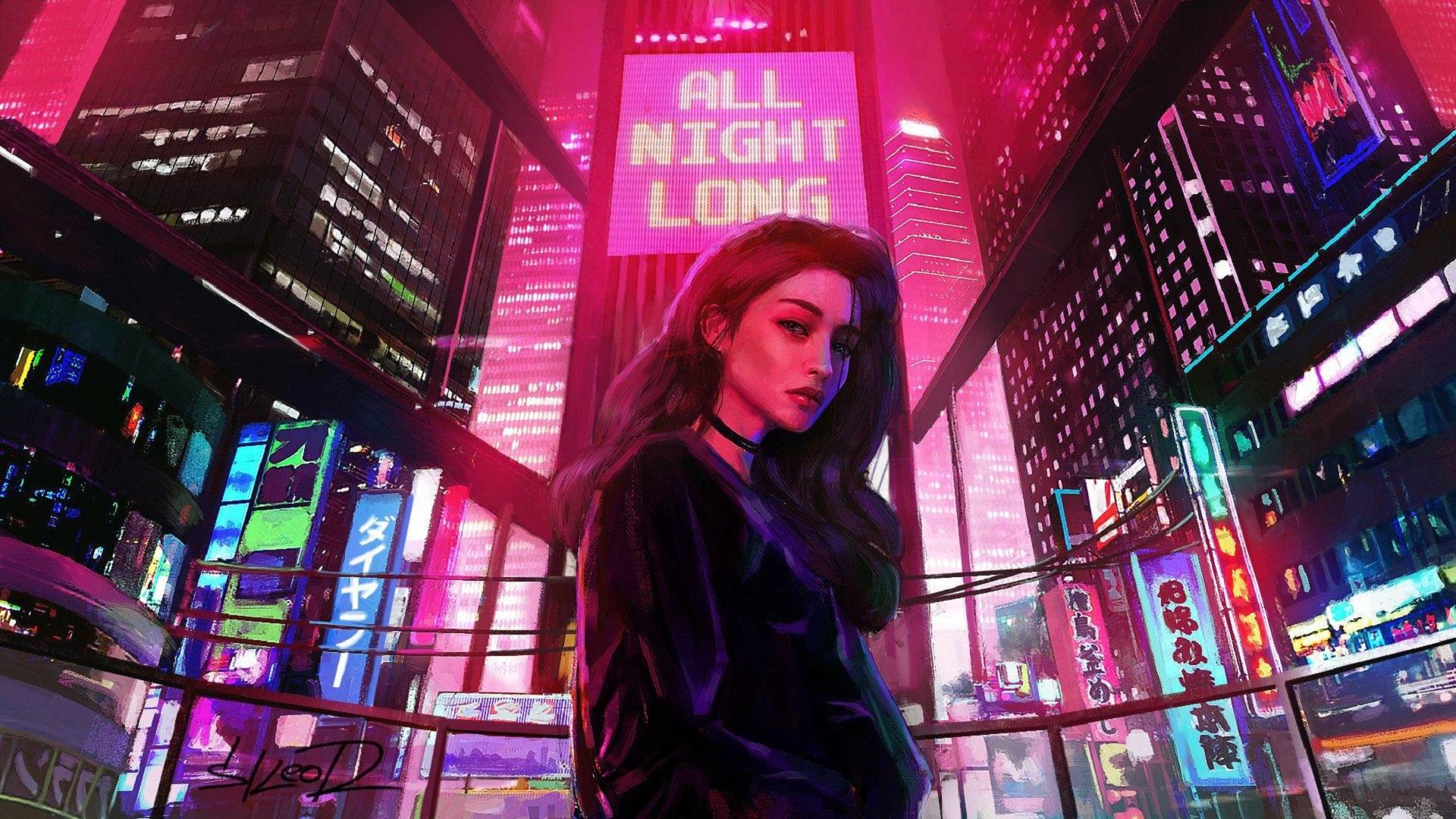 Girl All Night Long Retrowave City Artwork, HD Artist, 4k