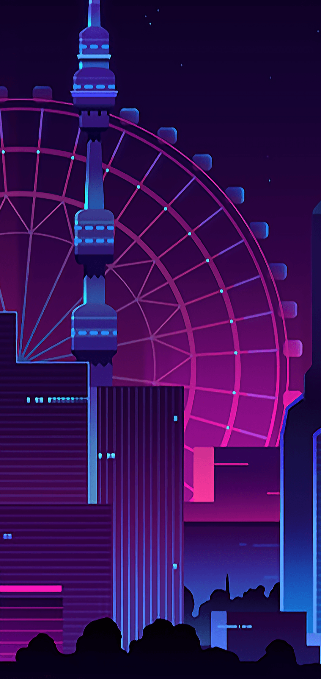 Download 1080x2280 Minimal Neon City, Fireworks Wallpaper