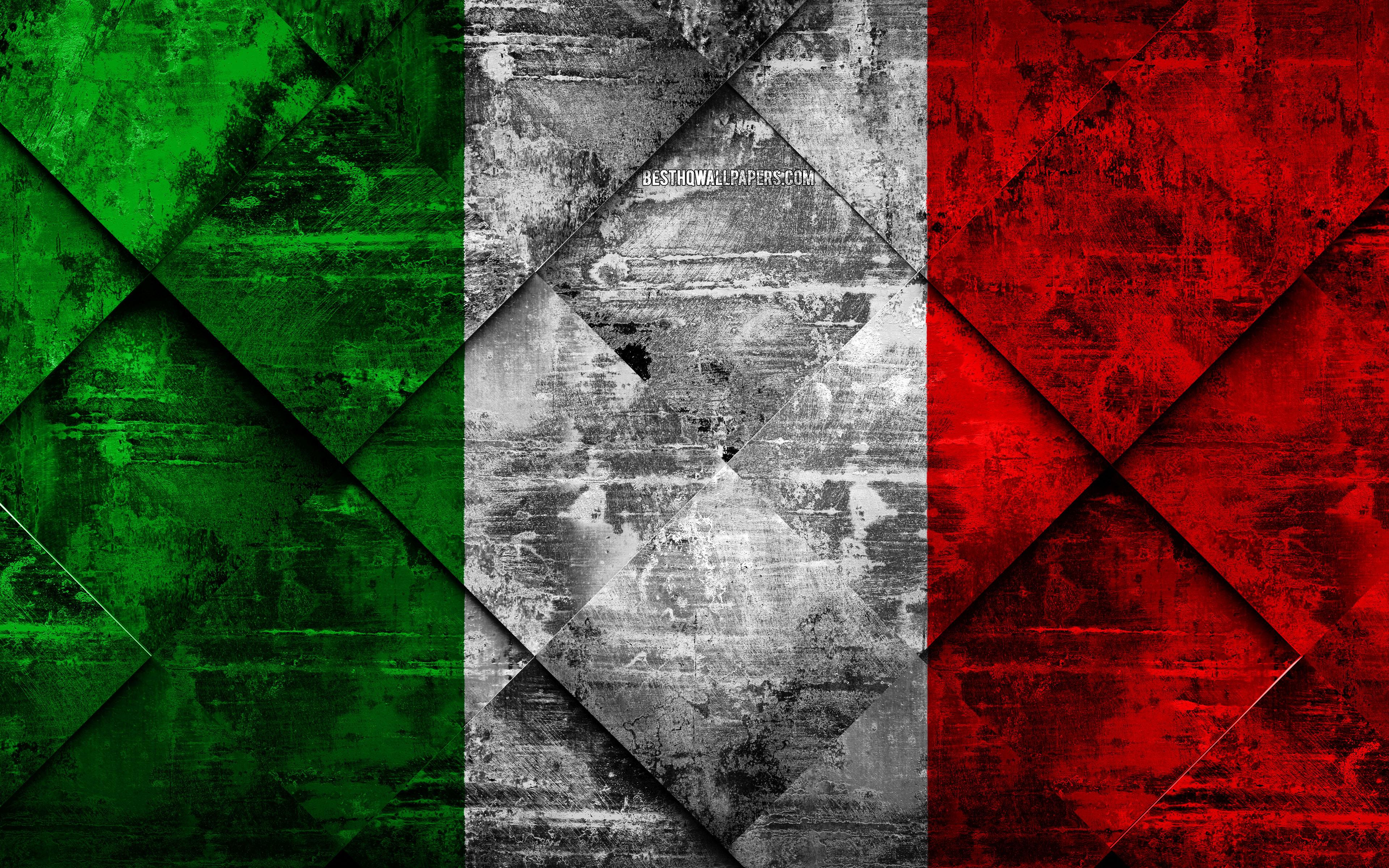 Download wallpapers Flag of Italy, 4k, grunge art, rhombus.
