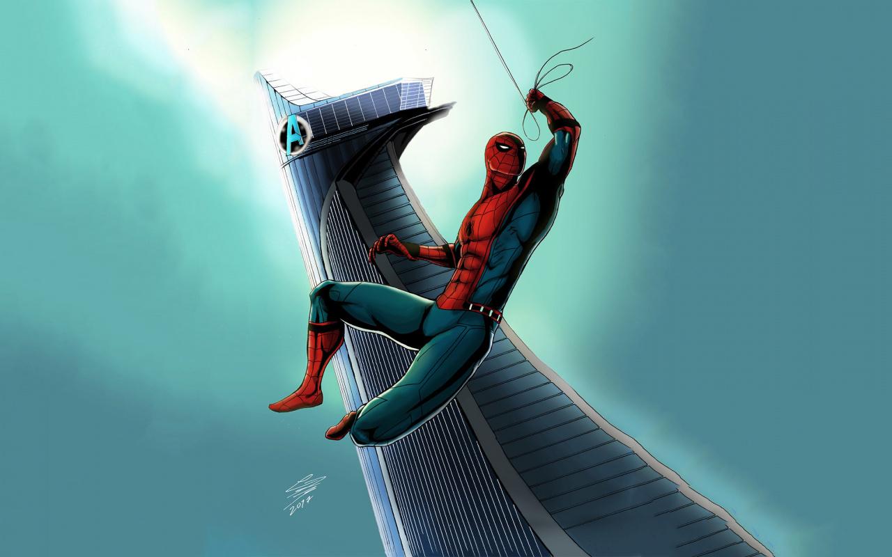 Download 1280x800 Wallpaper Avenger Tower, Spider Man, Swing
