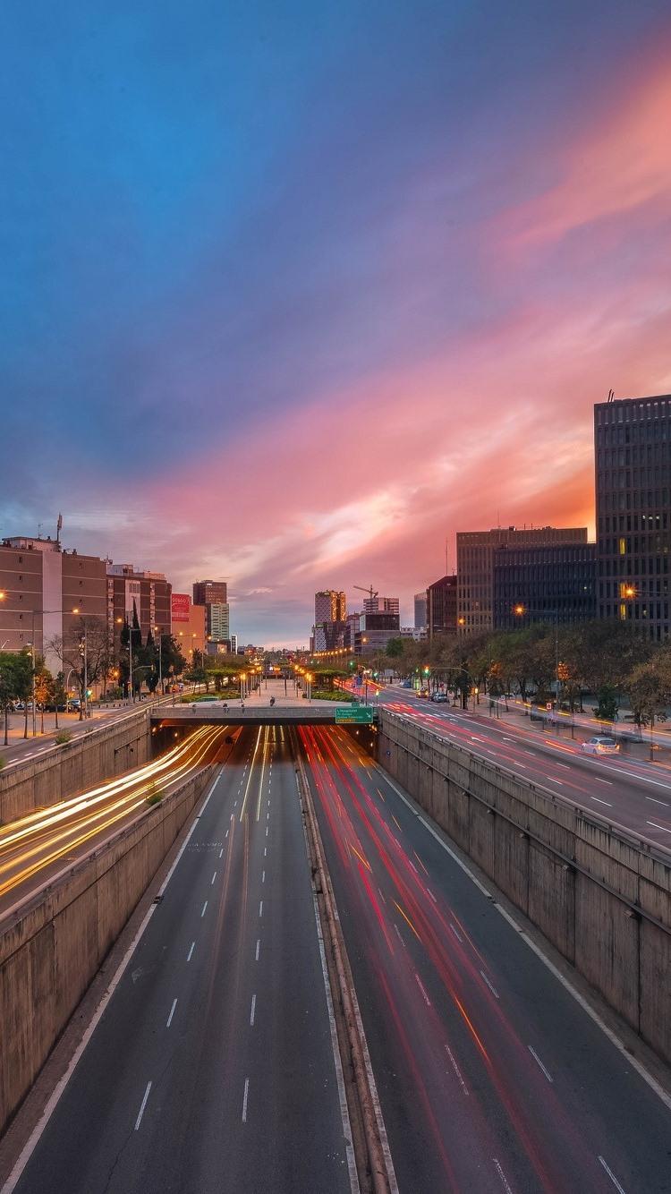 Spain, Barcelona, city night, road, light lines, buildings