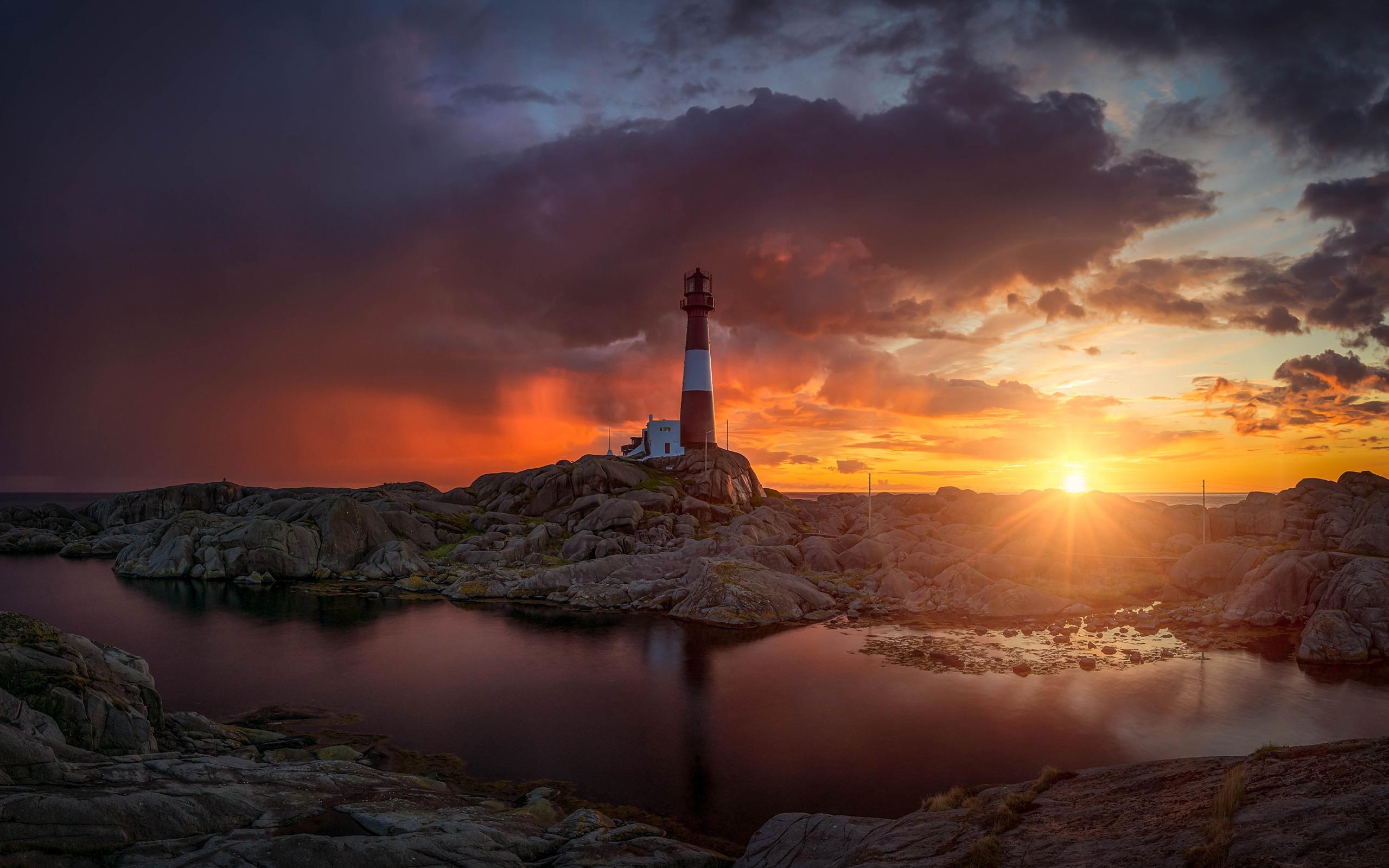 Download wallpaper sunset, evening, coast, lighthouse