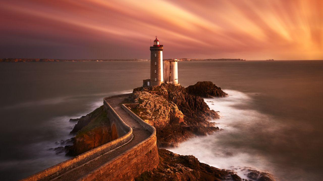 Wallpaper Lighthouse, Sunset, Seascape, 4K, Nature