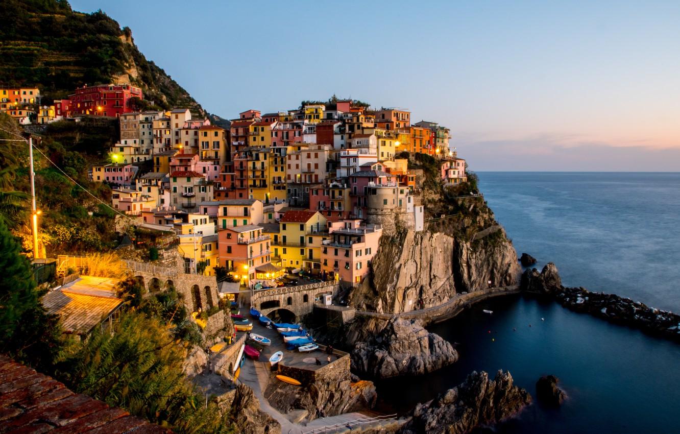 Wallpaper sea, sunset, city, coast, home, boats, Italy, Bay