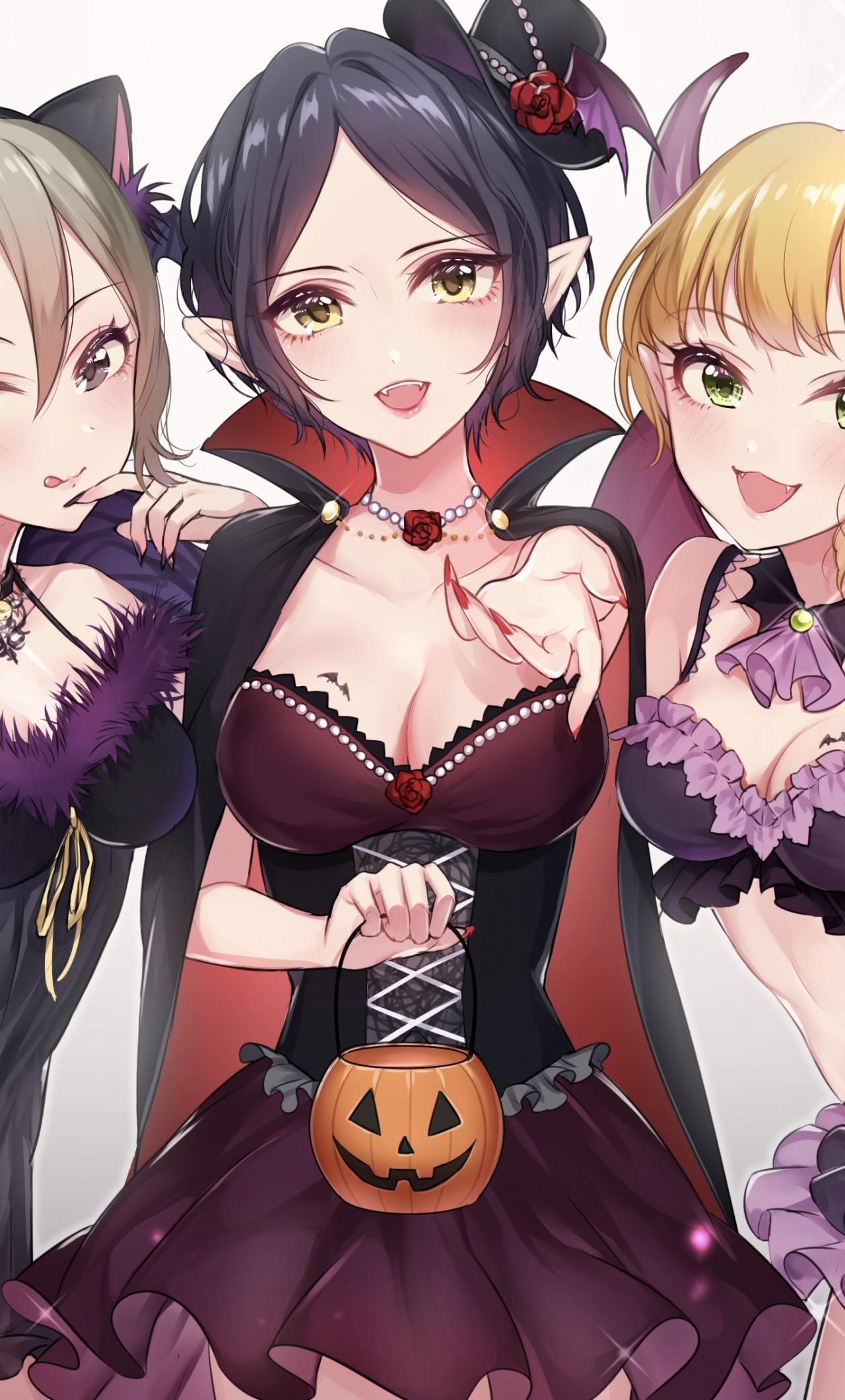 Download 1280x2120 Wallpaper Friends, Anime Girls, Halloween