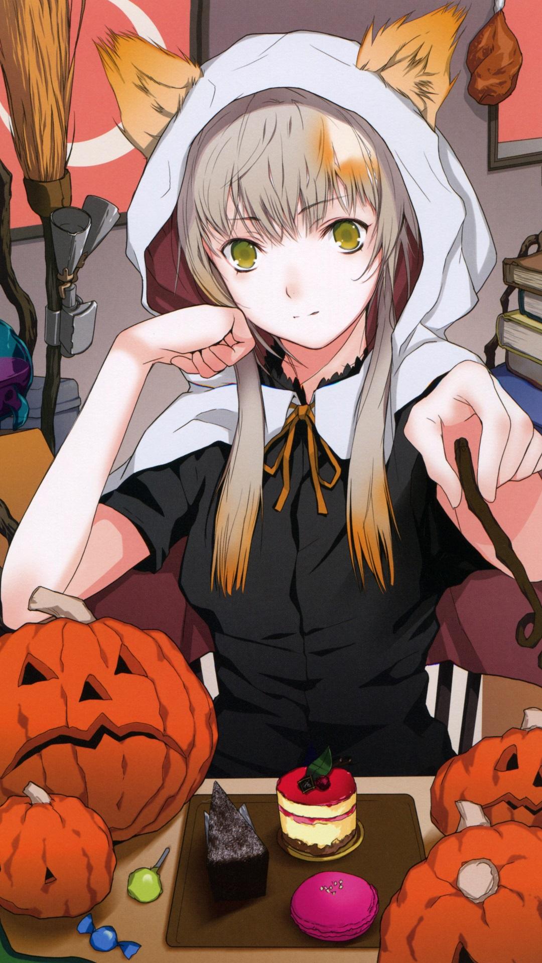 Download Anime Halloween Girls Squeezing Onto Pumpkin Wallpaper | Wallpapers .com