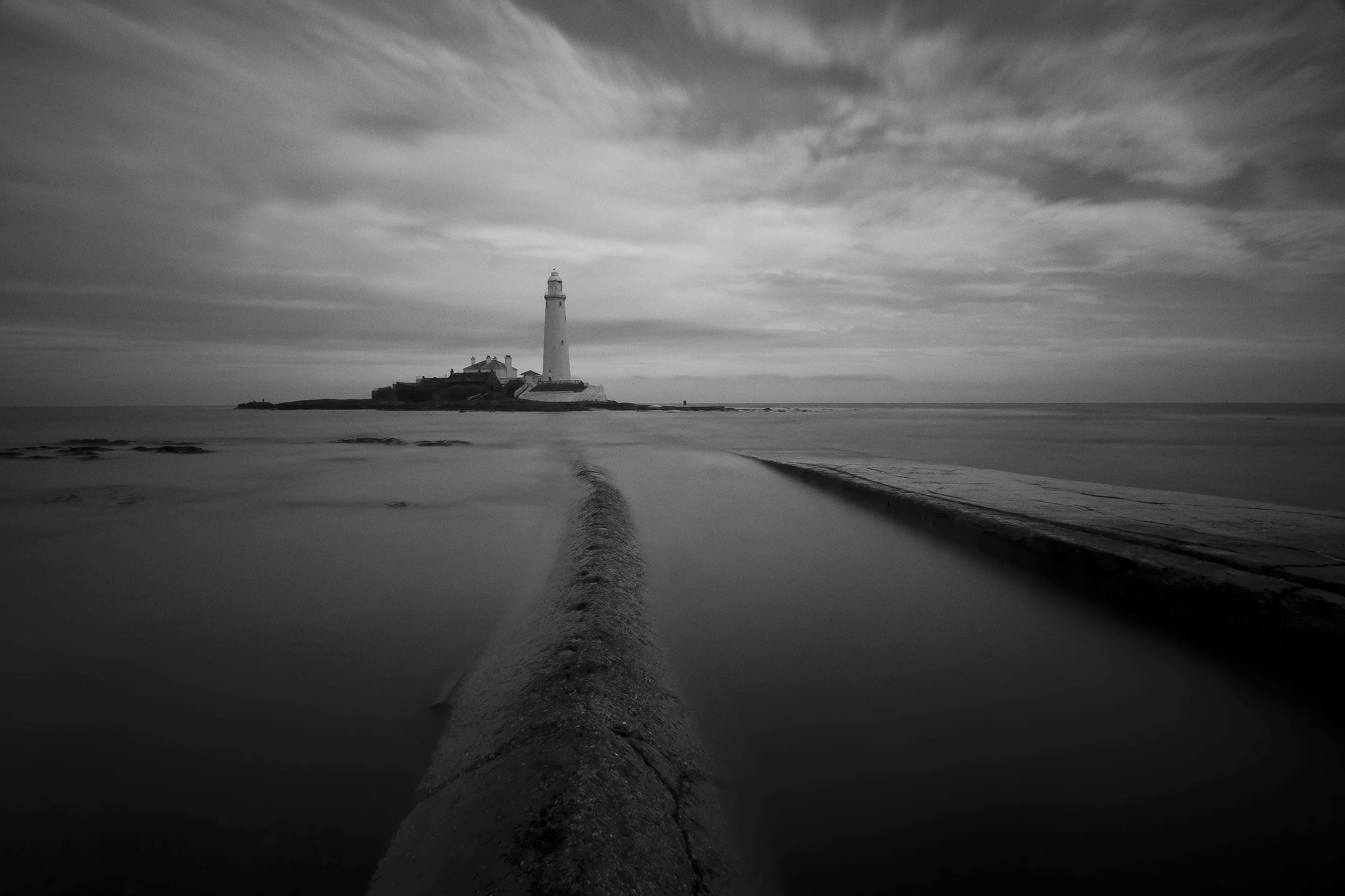 Lighthouse Beach BW Footprints Clouds sky ocean black