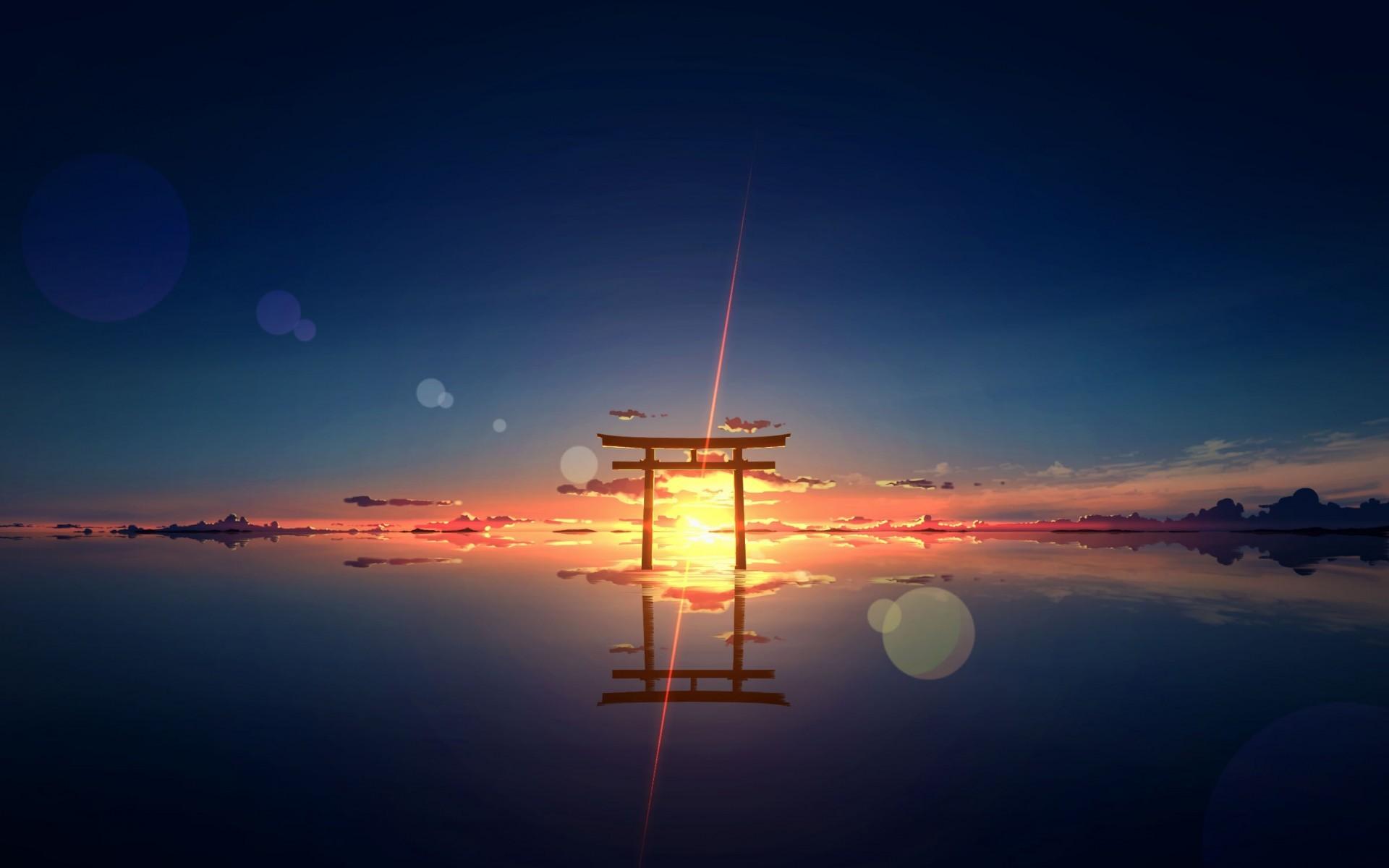 Download 1920x1200 Anime Landscape, Shrine, Torii, Sunset