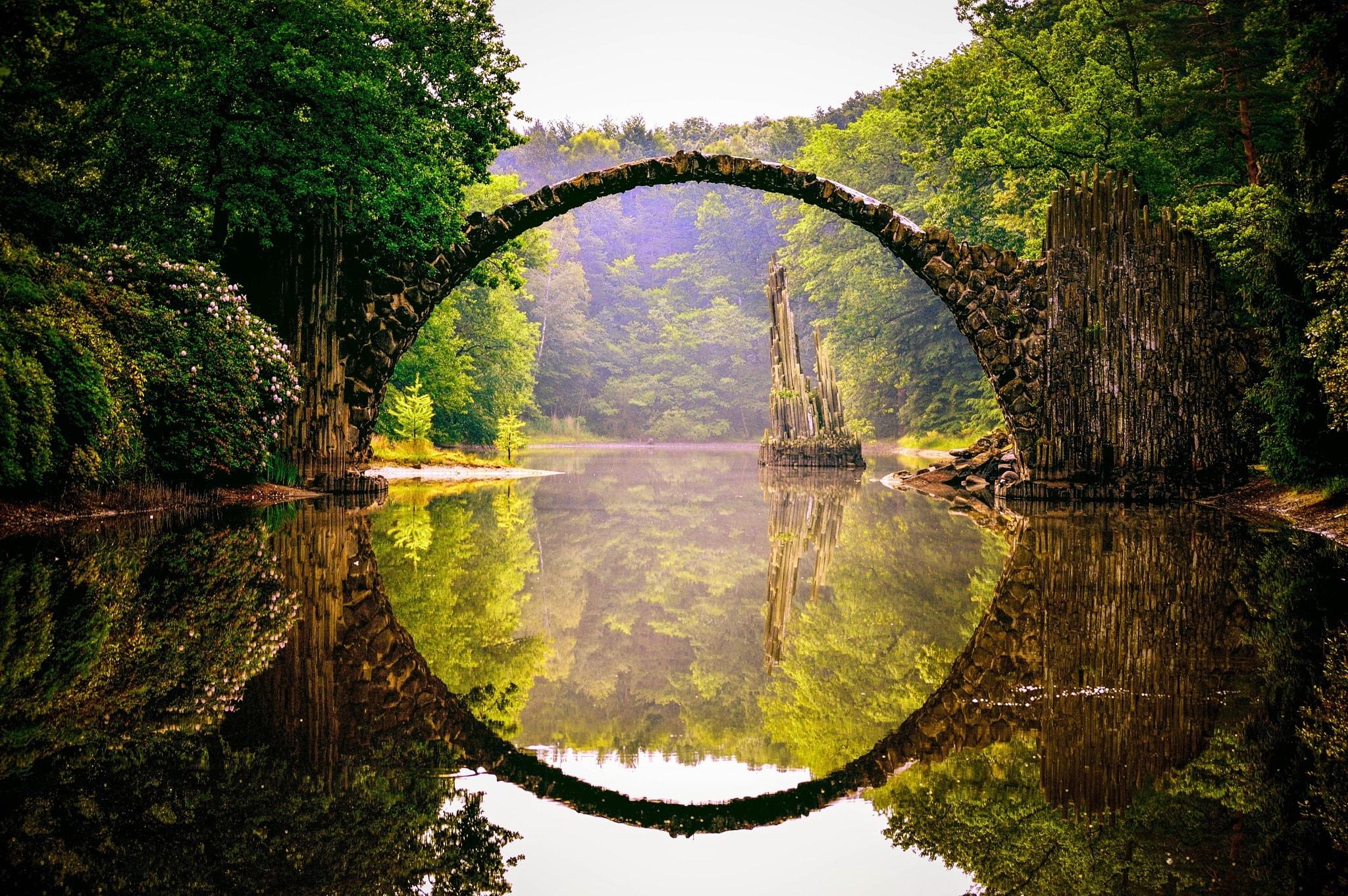 bridge lake circle water reflection Wallpaper