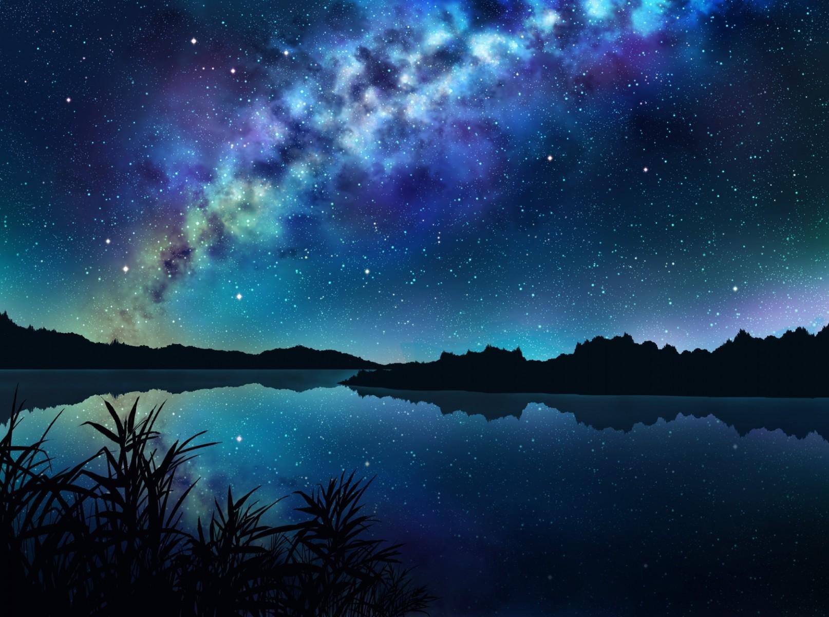 Download 1614x1200 Anime Landscape, River, Night, Stars