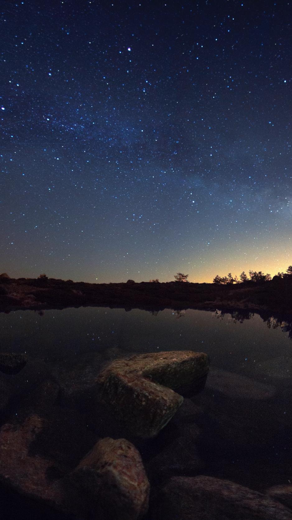 Download wallpaper 938x1668 starry sky, lake, night, horizon