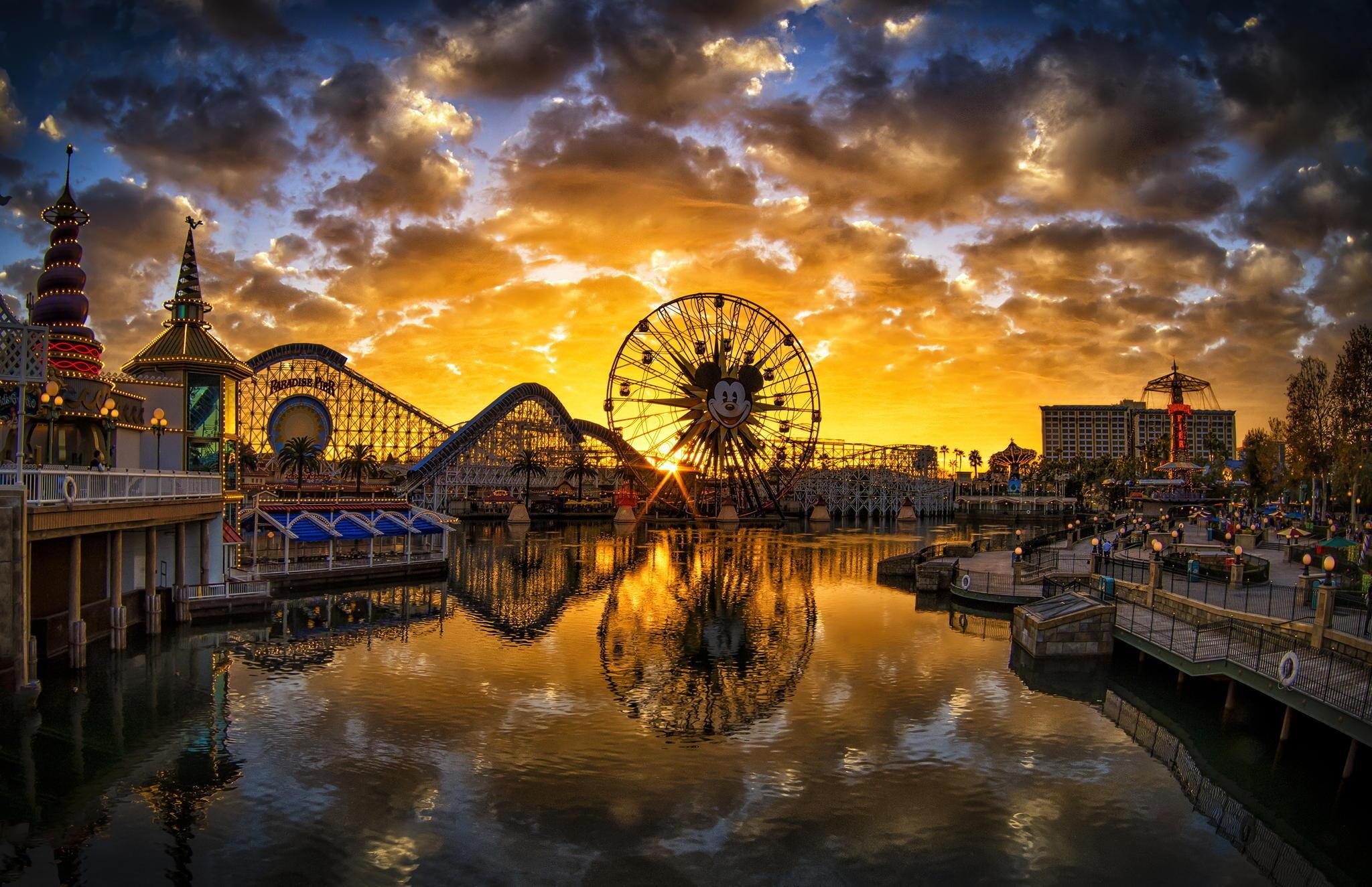 rollercoaster, water, Florida, clouds, sunset, reflection