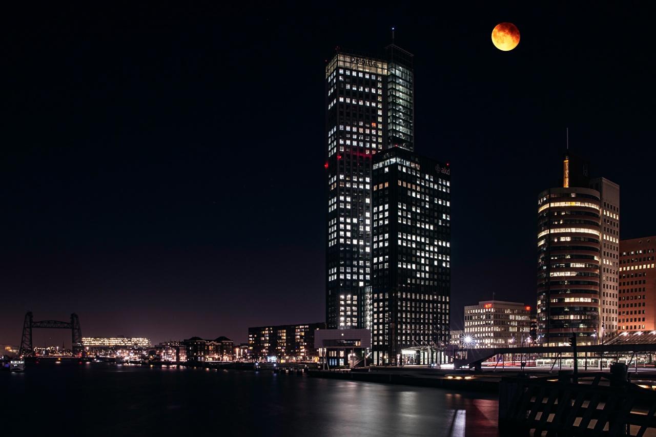 Wallpaper Rotterdam Netherlands Moon Night Skyscrapers Cities