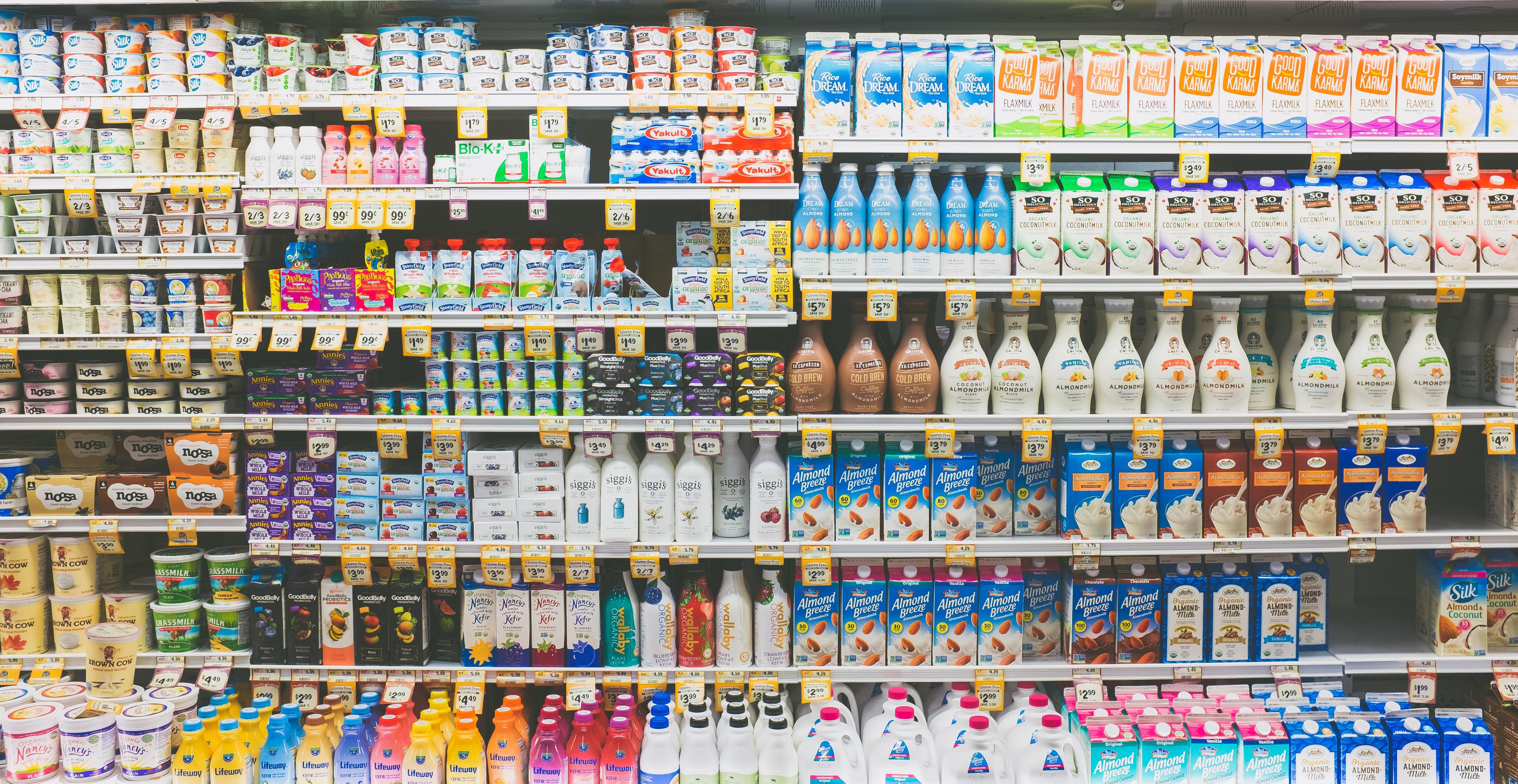 4896x2529 #Free , #organic, #yogurt, #dairy, #shop, #shelf, #grocery store, #fridge, #grocery, #almond milk, #milk, #supermarket, #rows, #butter, #store, #juice. Mocah HD Wallpaper
