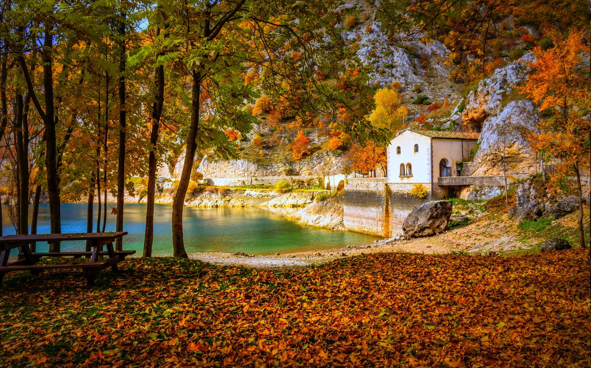 cottage, Lake, Fall, Camping, Italy, Trees, Hill, Yellow