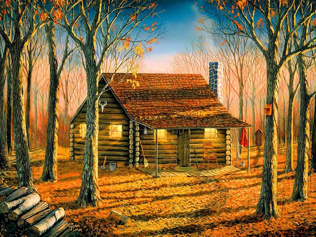Woodland cabin cottage foliage autumn calm HD Wallpaper