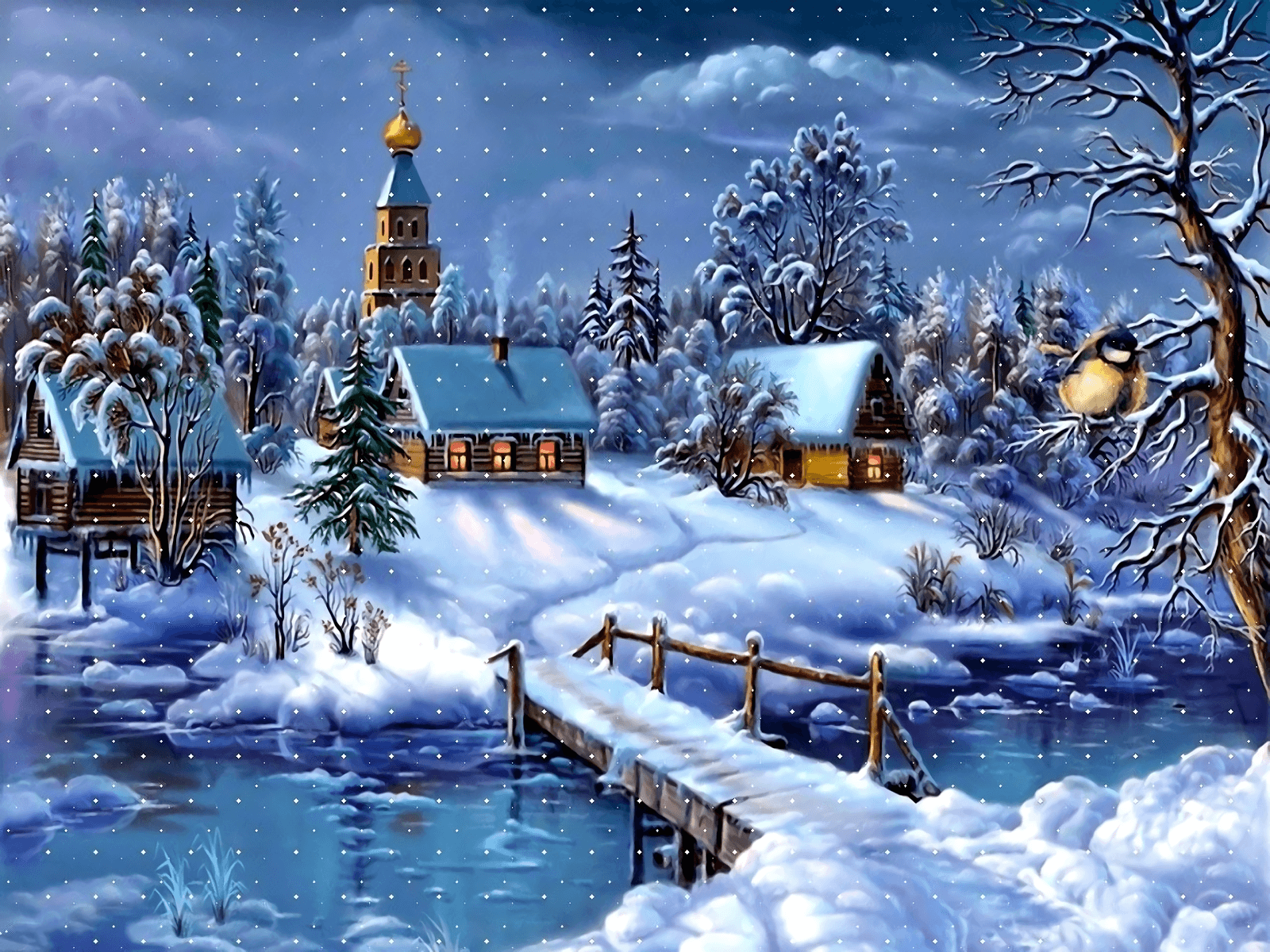 Artistic Winter Artistic Landscape Snow Church House Bridge