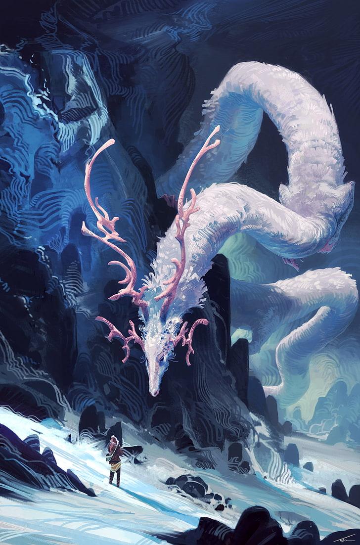 HD wallpaper: colorful, dragon, antlers, mountains, snow, fantasy art, Thomas Chamberlain