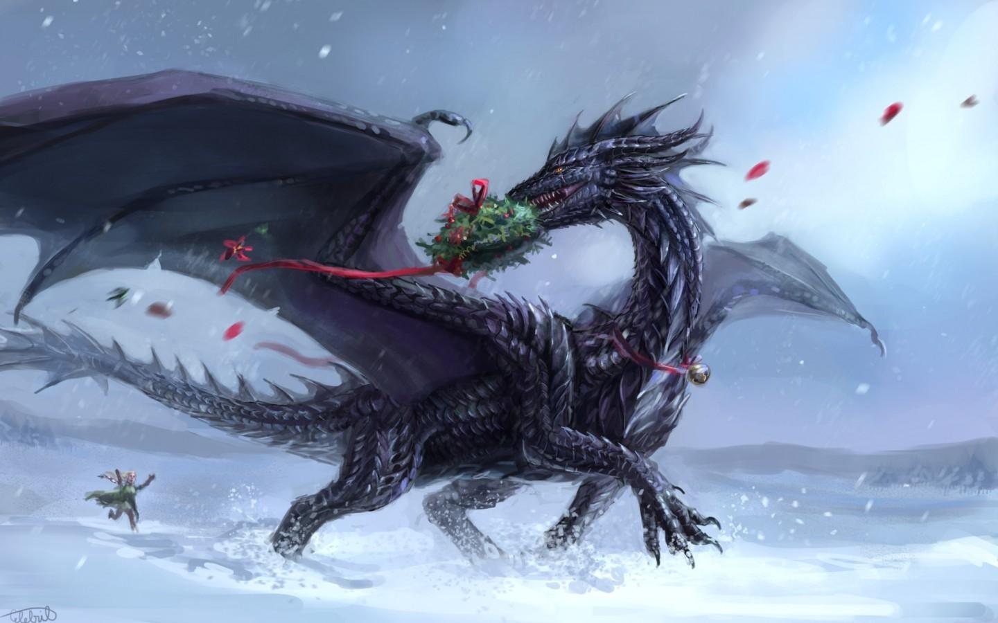 Download 1440x900 Dragon, Running, Creature, Snow, Wings