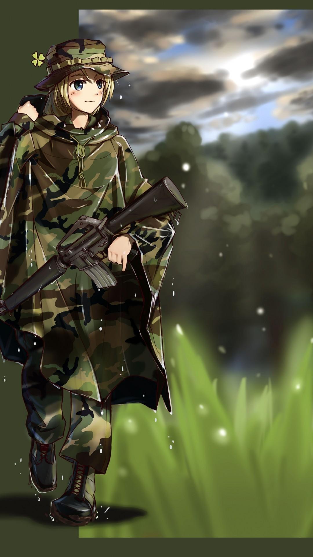 Download 1080x1920 Anime Girl, Military Uniform, Guns