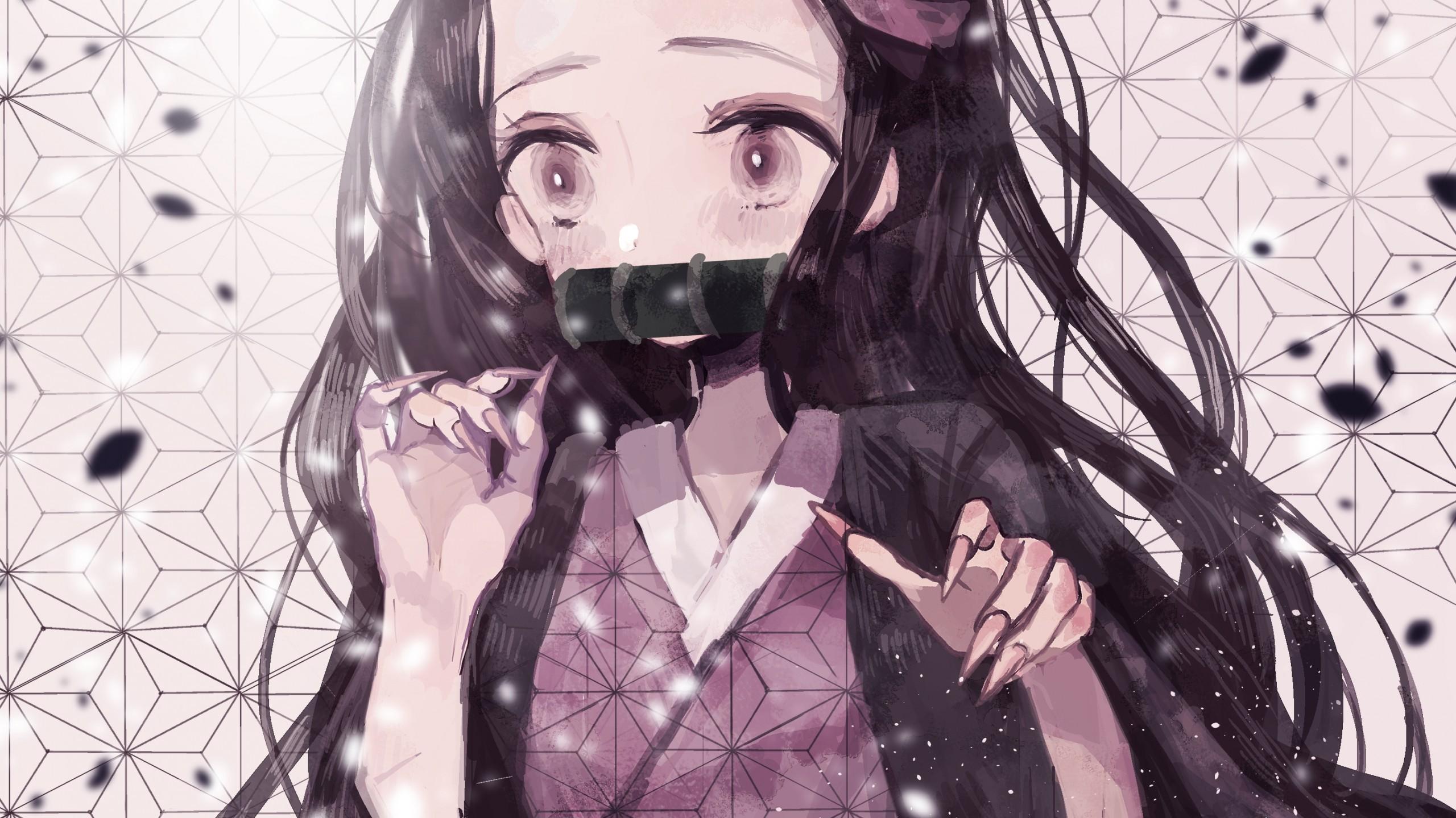 Download 2560x1440 Kamado Nezuko, Anime Girl, Long Hair