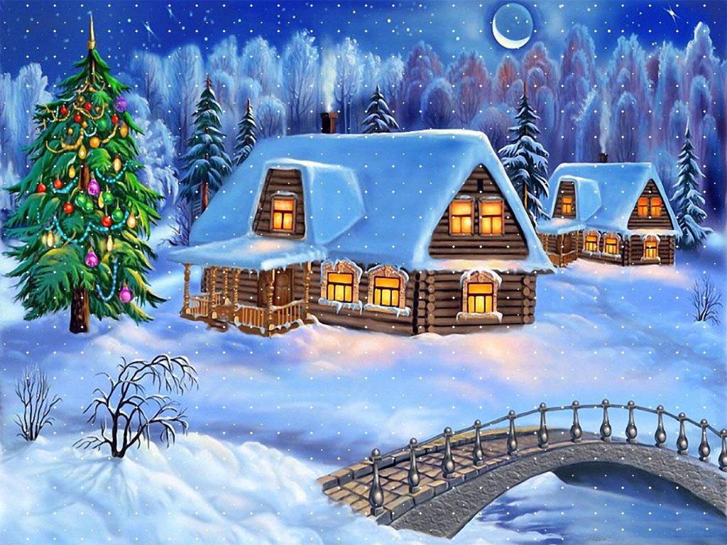 Beautiful Christmas House Snow Falling Wallpaper