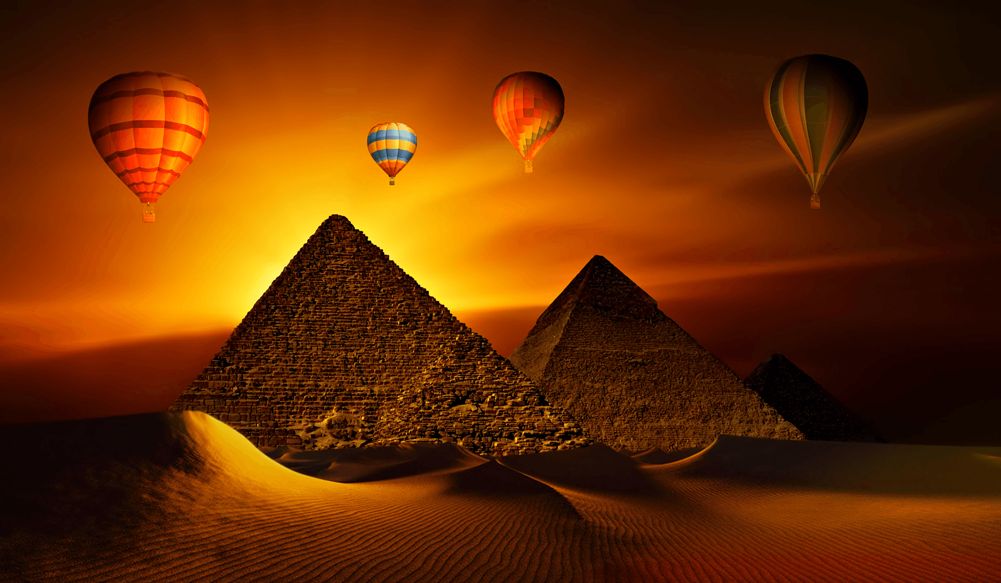 Hot Air Balloons at Sunset over Pyramids HD Wallpaper