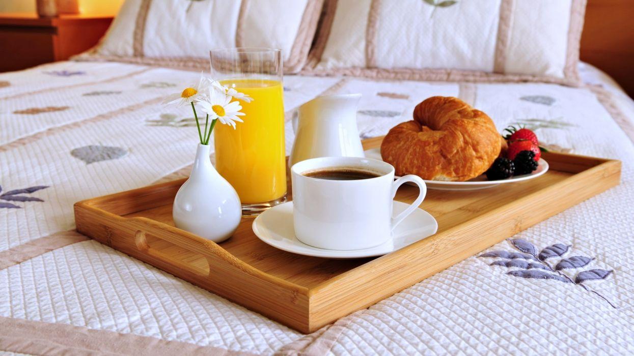 Breakfast meal coffee flowers Juice bed romantice lovely