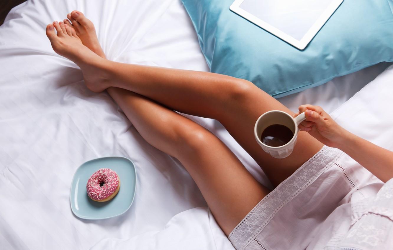 Wallpaper legs, bed, coffee, breakfast image for desktop